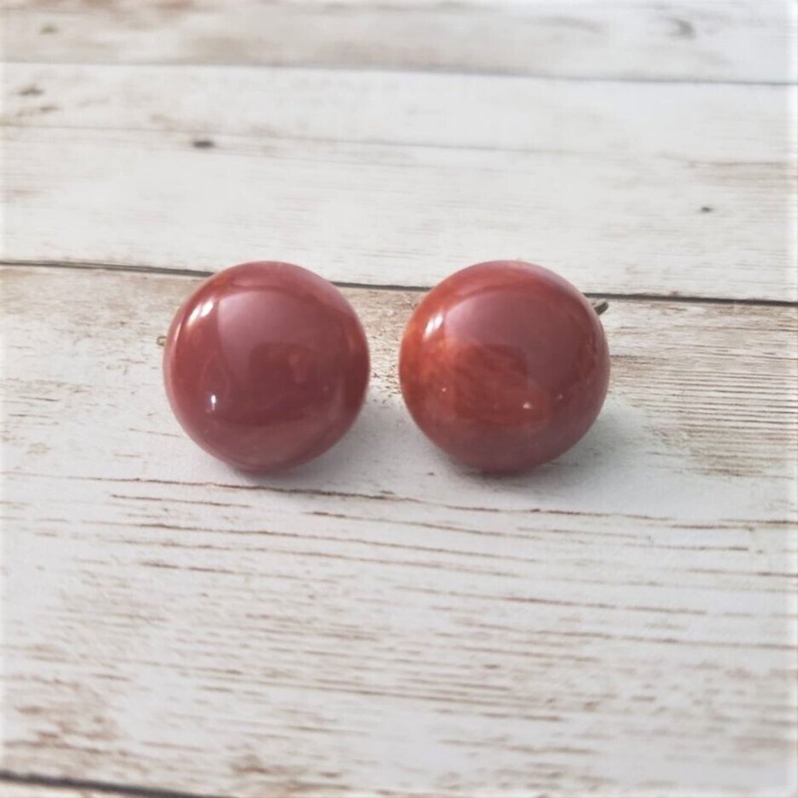 Vintage Clip On Earrings Dark Red with Swirls Small Domed Circle