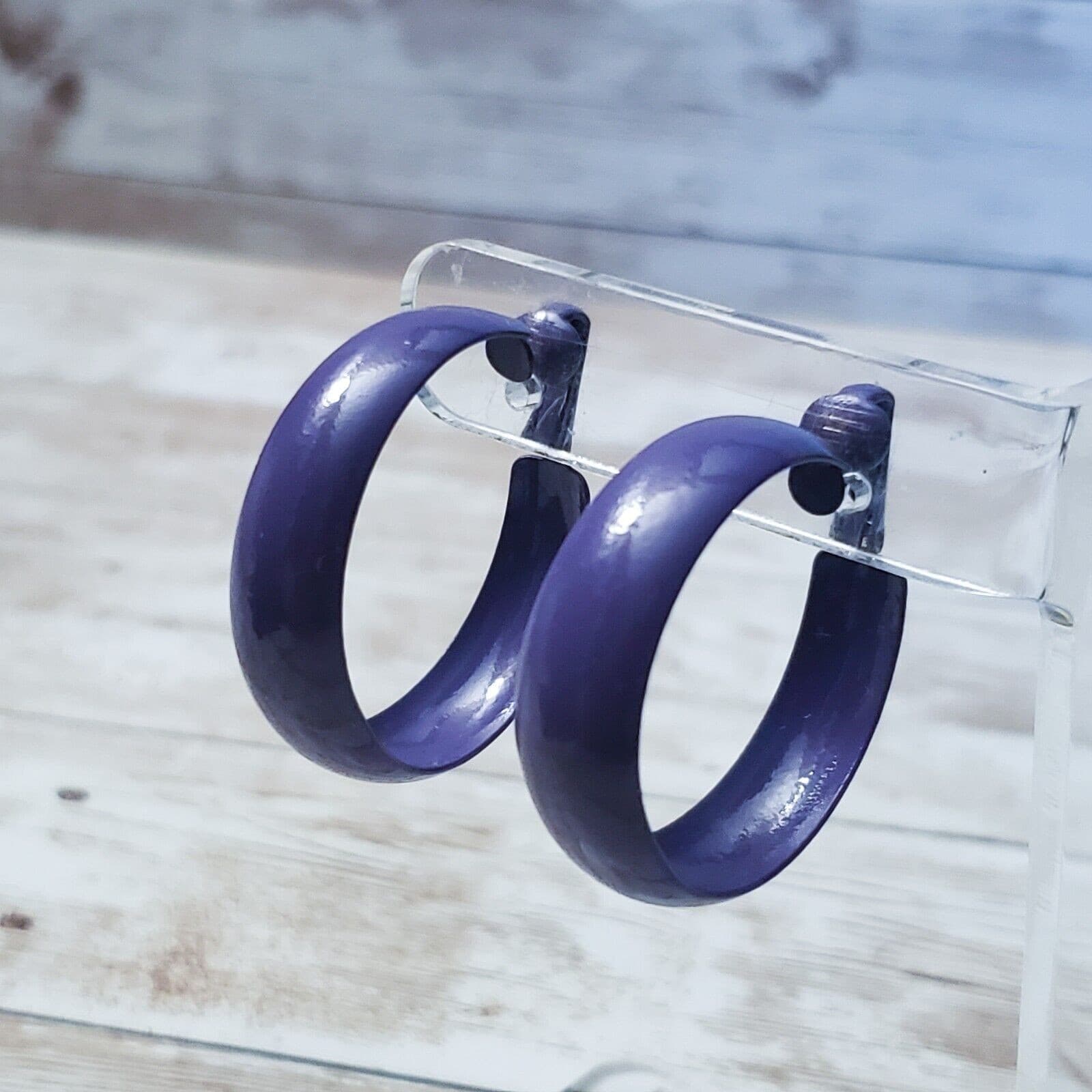 Vintage Clip On Earrings - Retro Purple Hoops 1 & 3/8"