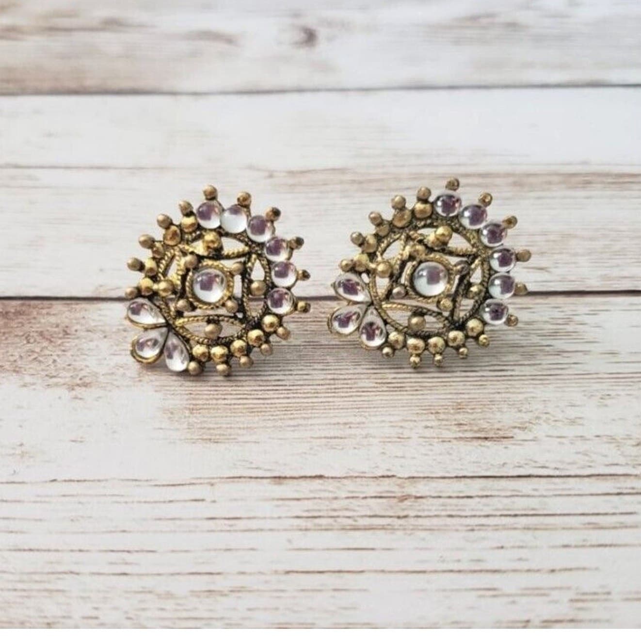 Vintage Earrings for Pierced Ears - Stunning Ornate Gold Tone & Clear Gem 1"