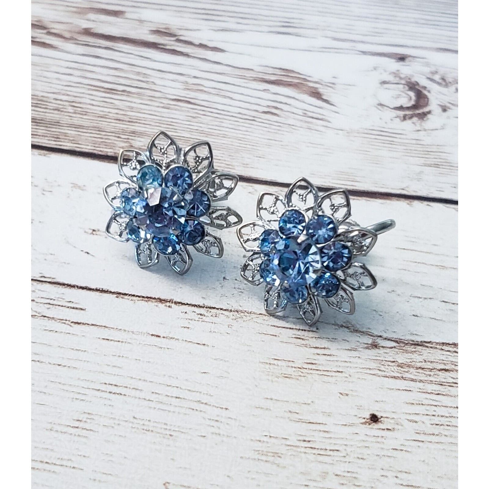 Vintage Screw On Earrings Light Blue Gem Flower with Ornate Leaf Halo 0.75"
