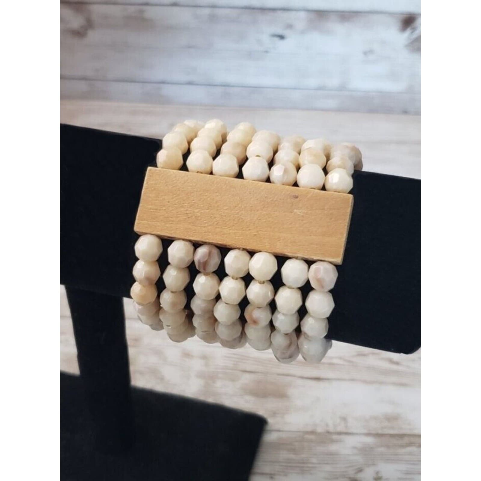 Vintage Bracelet / Bangle Wide Cream Tones with Wood
