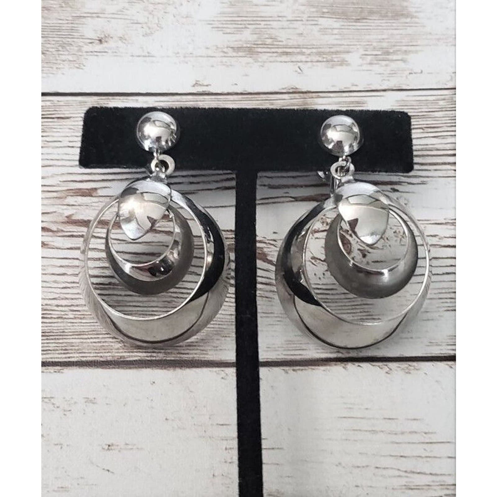 Vintage Screw On Earrings Stunning Very Large Statement Silver Tone Dangle Drop