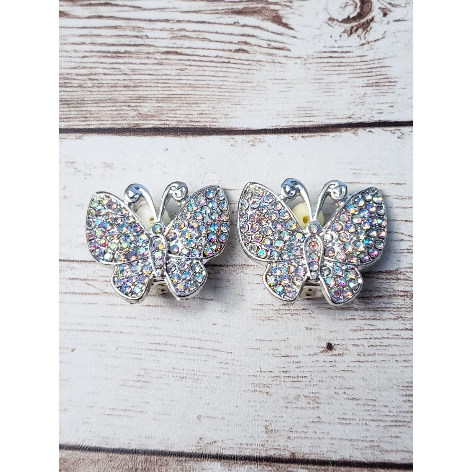 Vintage Clip On Earrings - Silver Tone Butterfly with Iridescent Gems