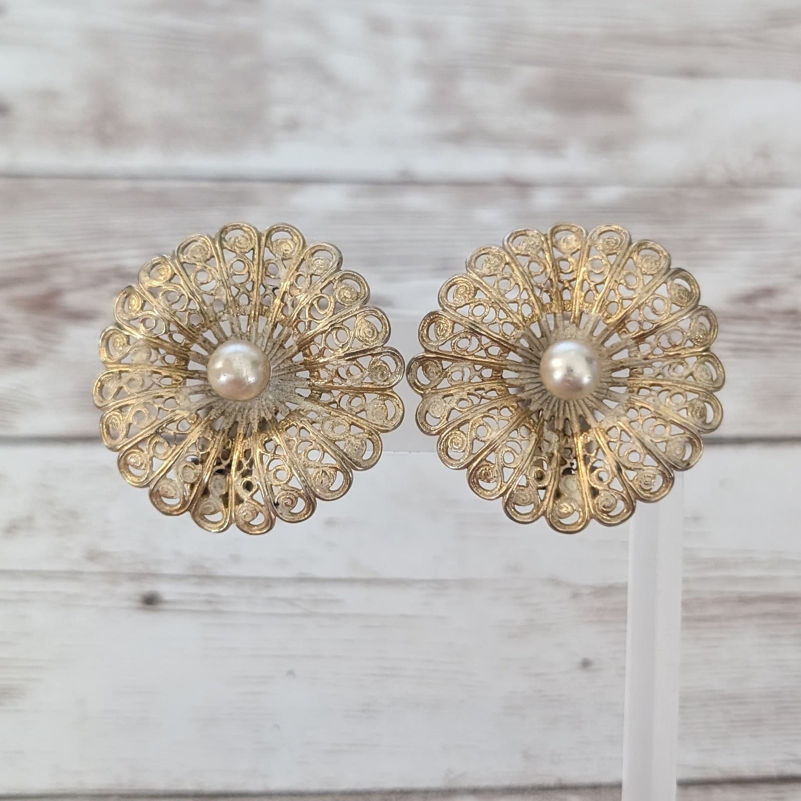 Vintage Charmcraft Clip On Earrings Large Antique Gold Tone with Faux Pearl