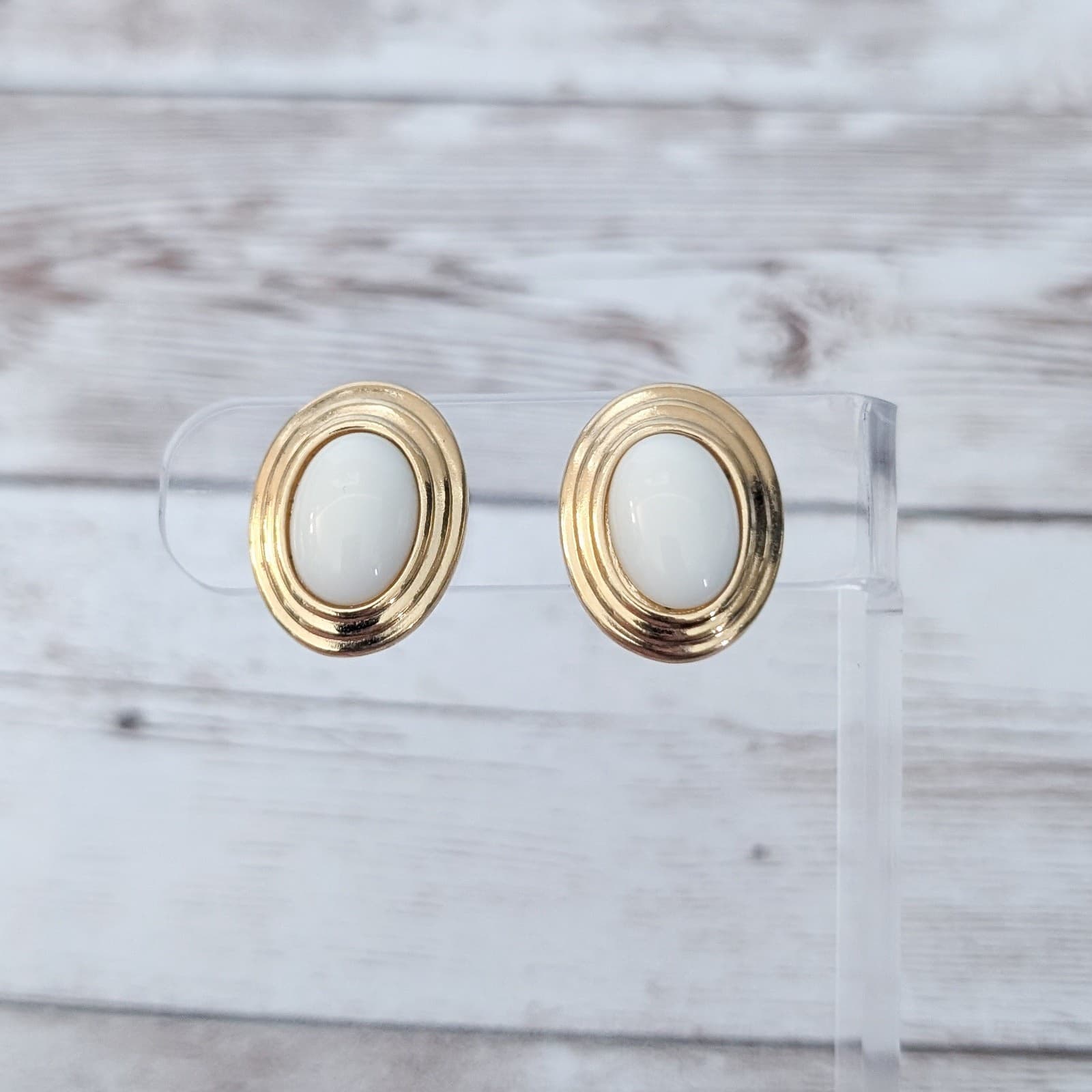 Vintage Clip On Earrings White Oval with Triple Gold Tone Halo 7/8"