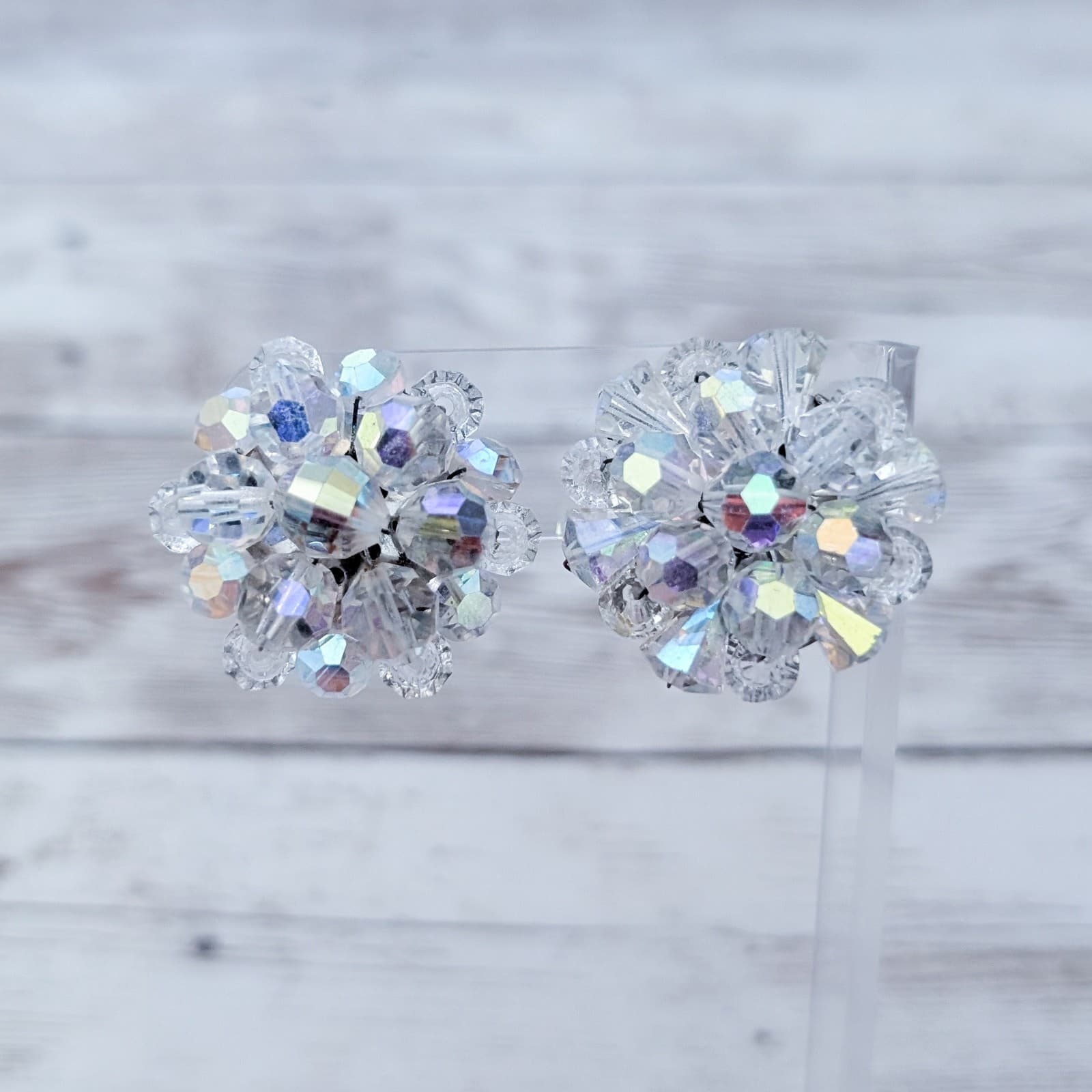 Vintage Clip On Earrings Large Iridescent Cluster - Mismatched