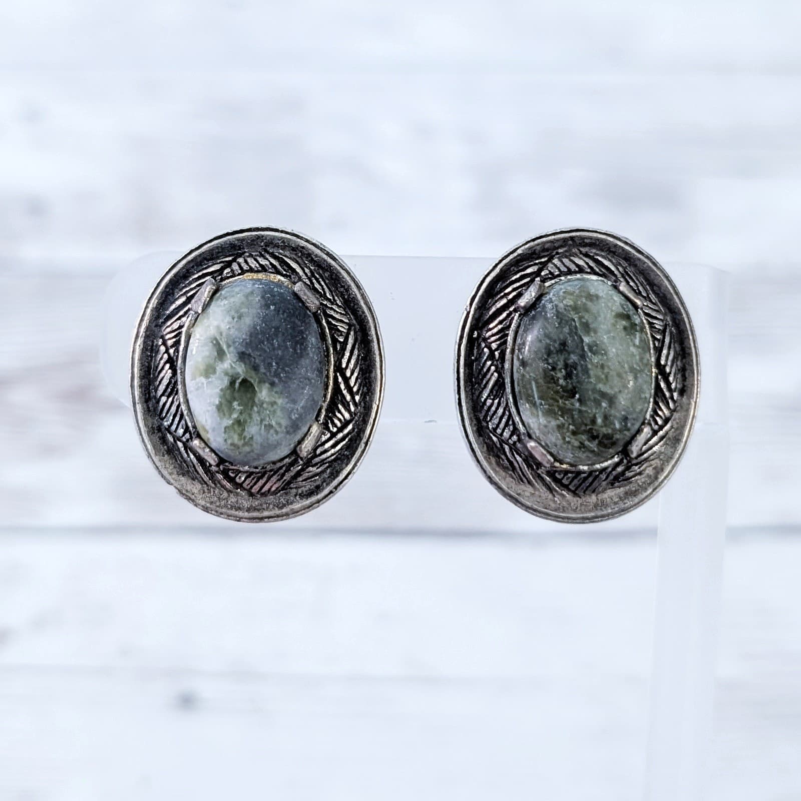Vintage Clip On Earrings Dark Silver Tone & Muted Dusky Green