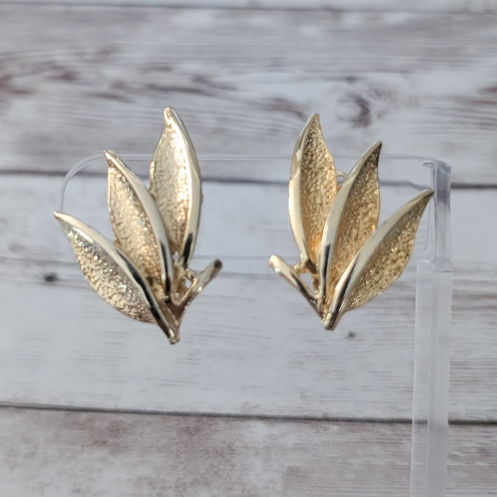 Vintage Clip On Earrings Large Gold Tone Three Leaves 1 & 3/8"