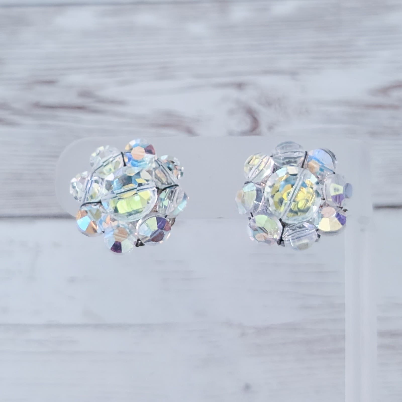 Vintage Clip On Earrings Clear/Iridescent Beaded Flower Like Cluster