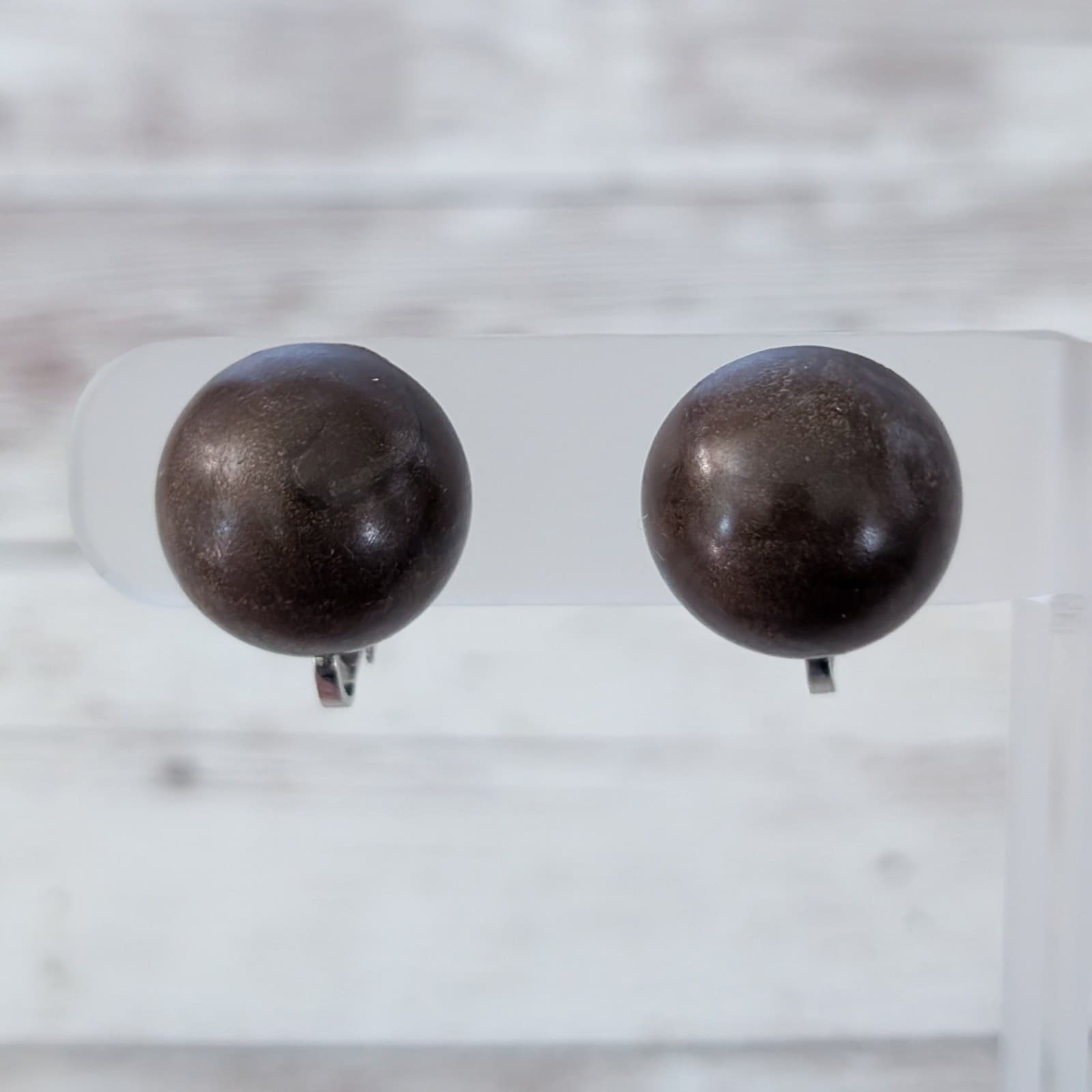 Vintage Clip On Earrings Dark Brown Domed Circle Retro