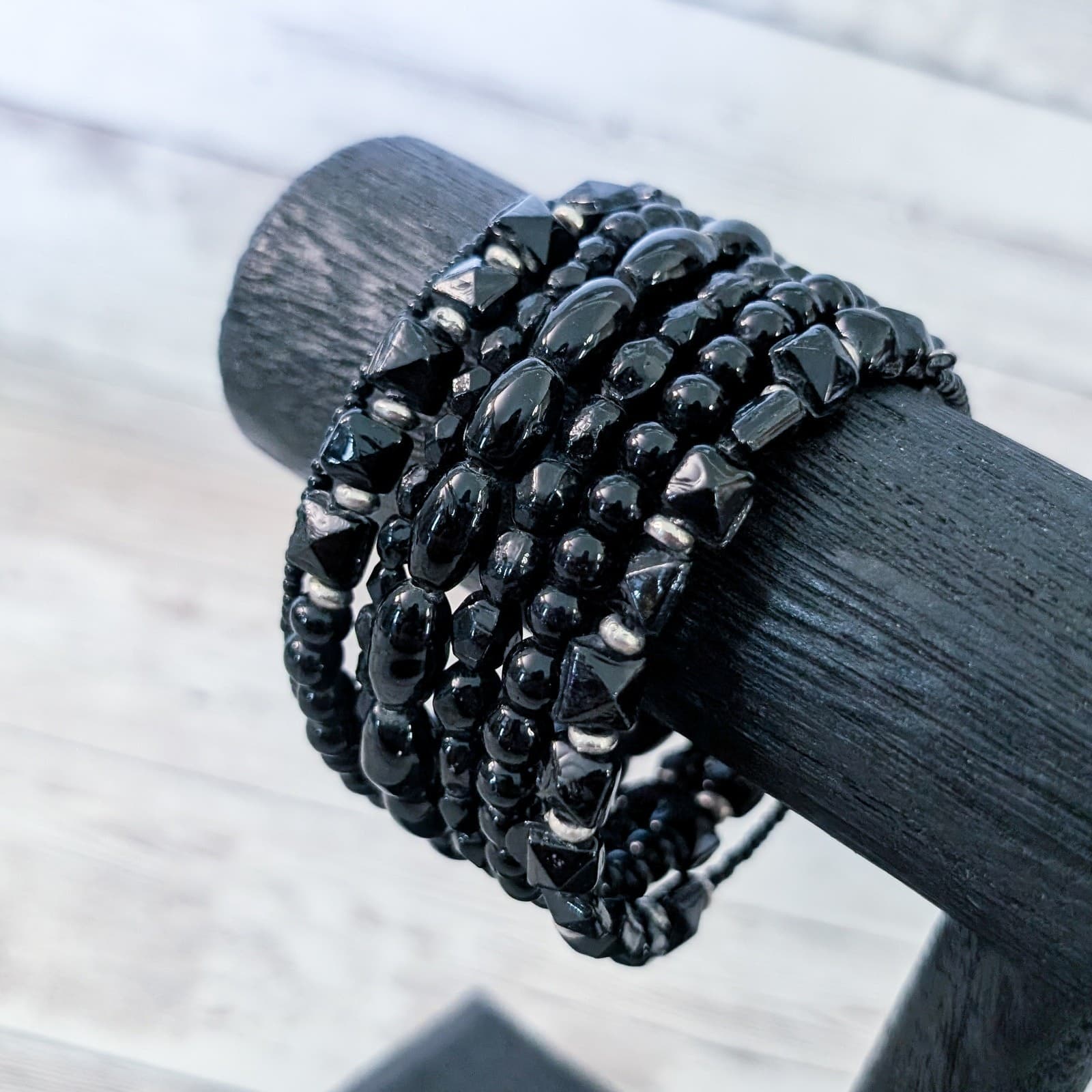 Vintage Wrap Bracelet Black Beads Wide/Chunky
