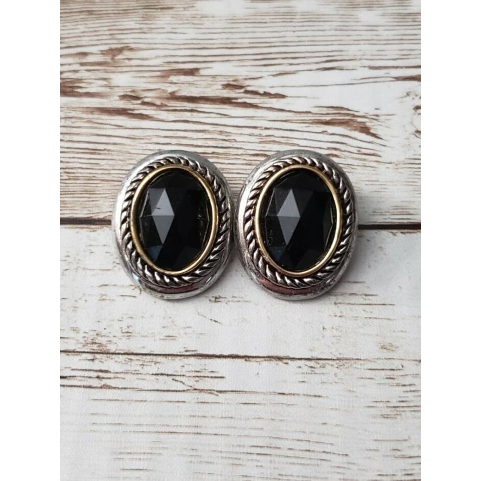 Vintage Clip On Earrings Black Center Oval Fancy Two Tone Halo