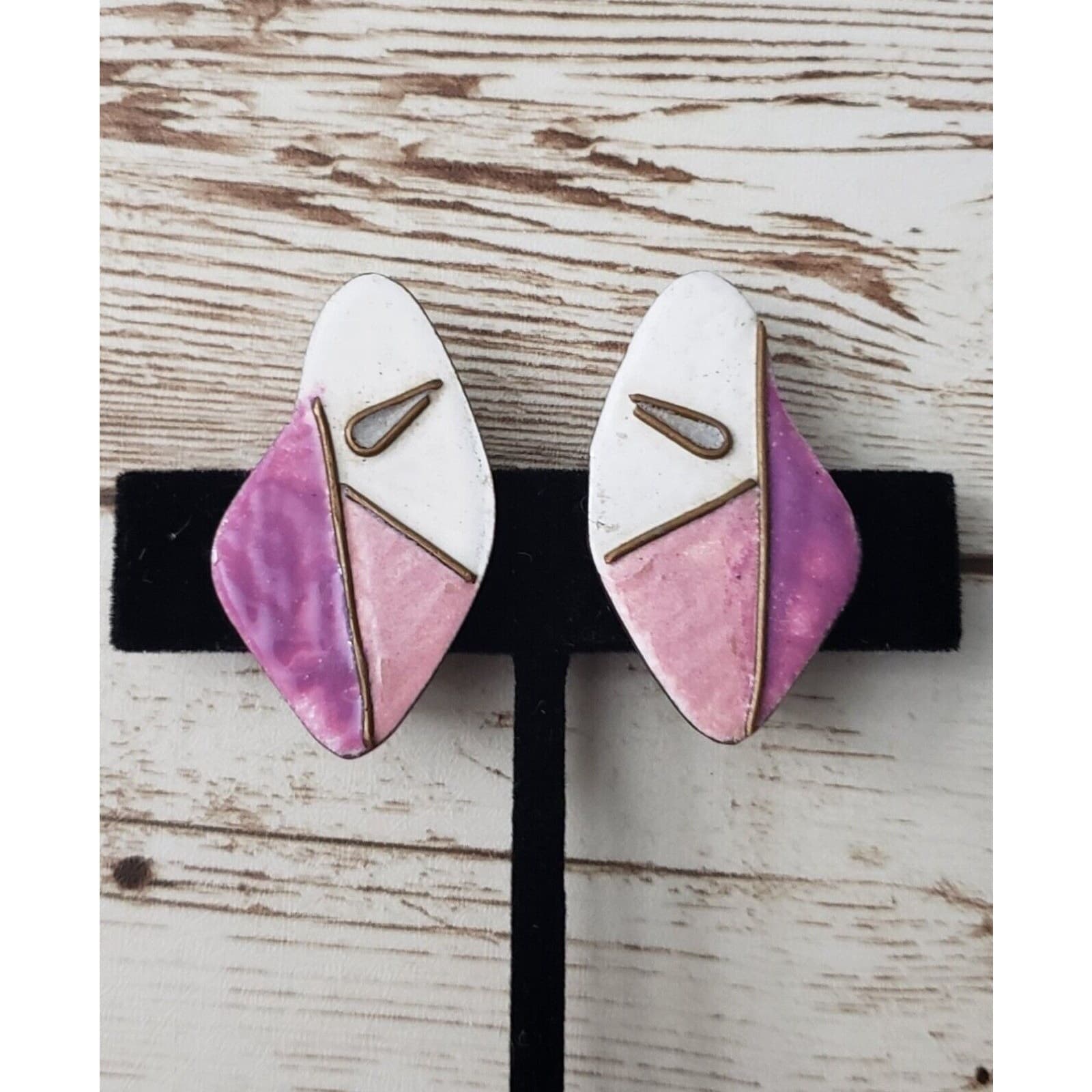 Vintage Clip On Earrings - Unusual & Artistic Pink & Purple 1.5"