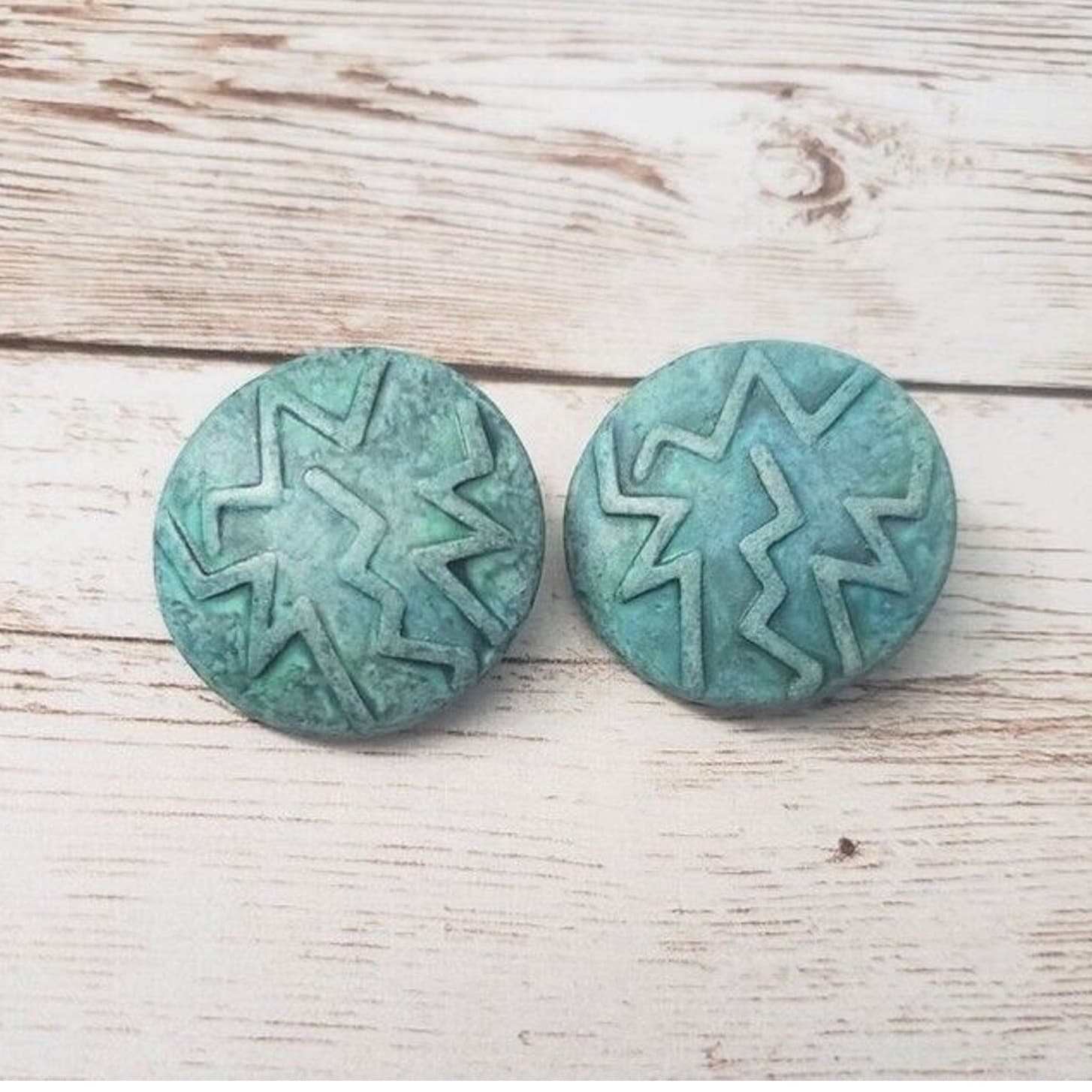 Vintage Clip On Earrings - Retro Turquoise/Teal Tone 1 & 1/8" Large Very Retro