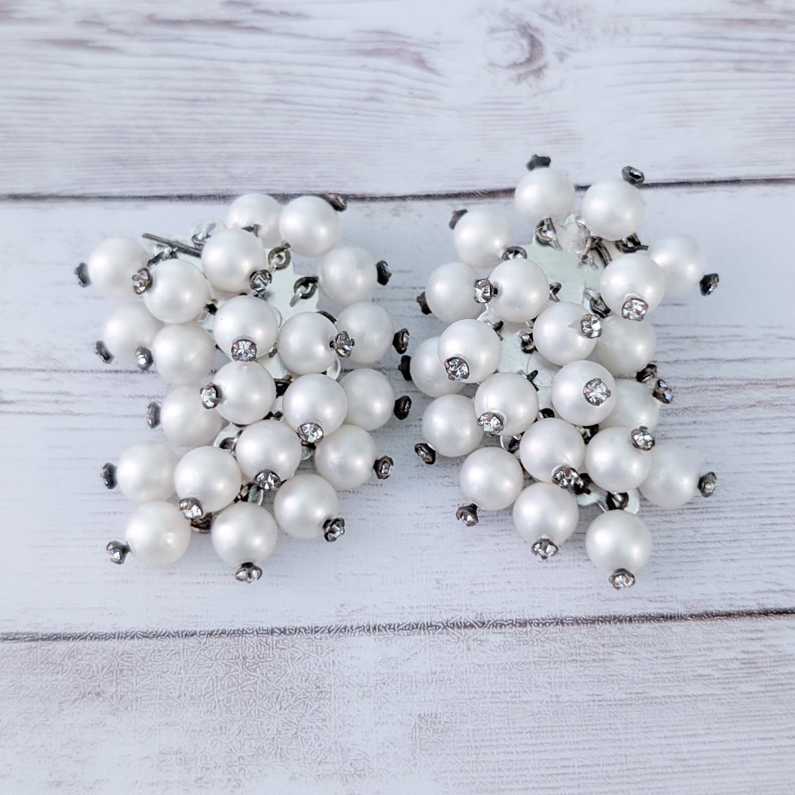 Vintage Clip On Earrings Extra Large Faux Pearl and Clear Gem Statement