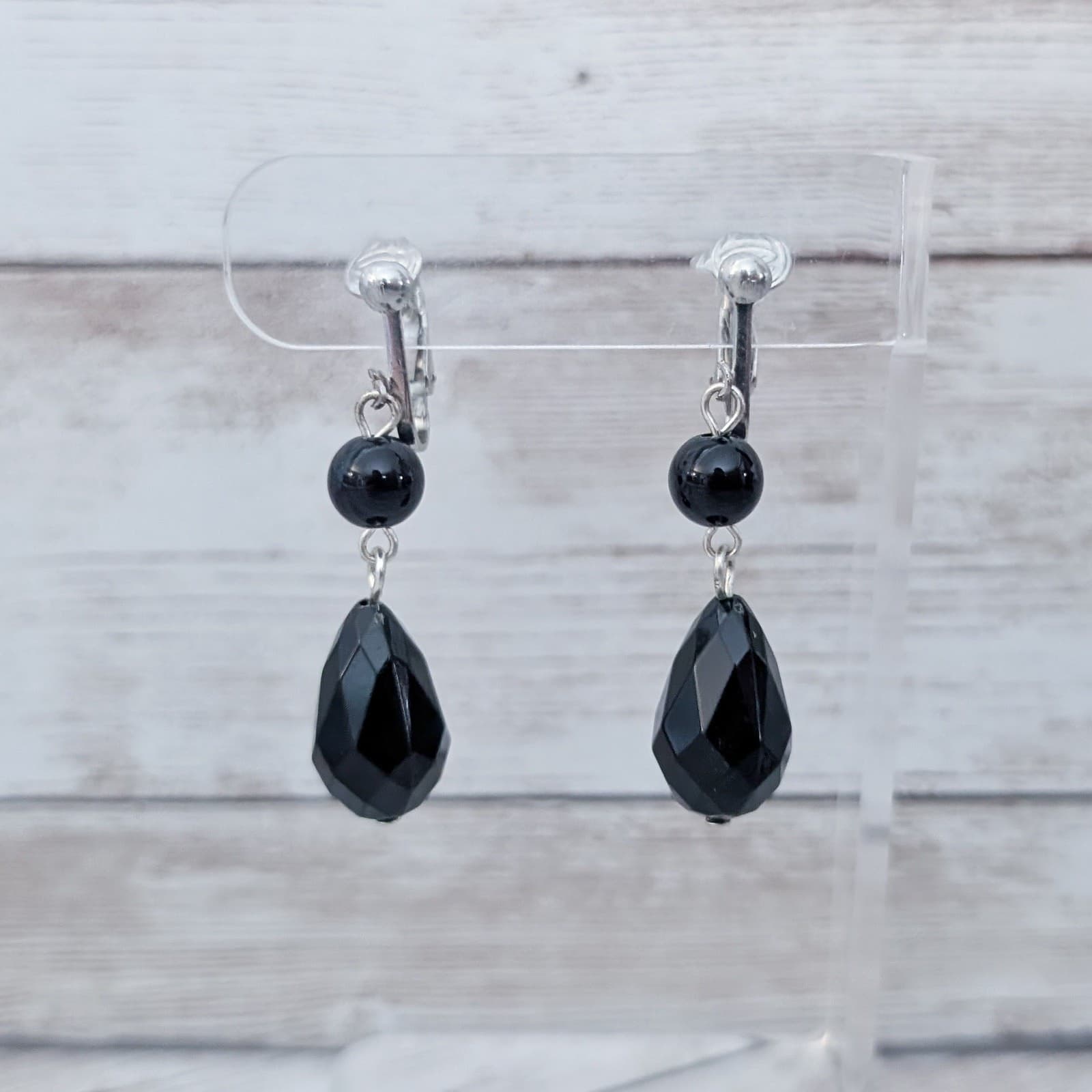 Vintage Clip On Earrings Faceted Black Beaded Dangle Stylish