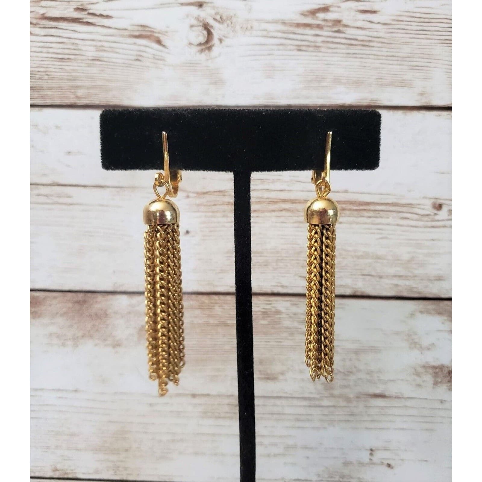 Vintage Clip On Earrings - Gold Tone Tassel Like Chain Dangle