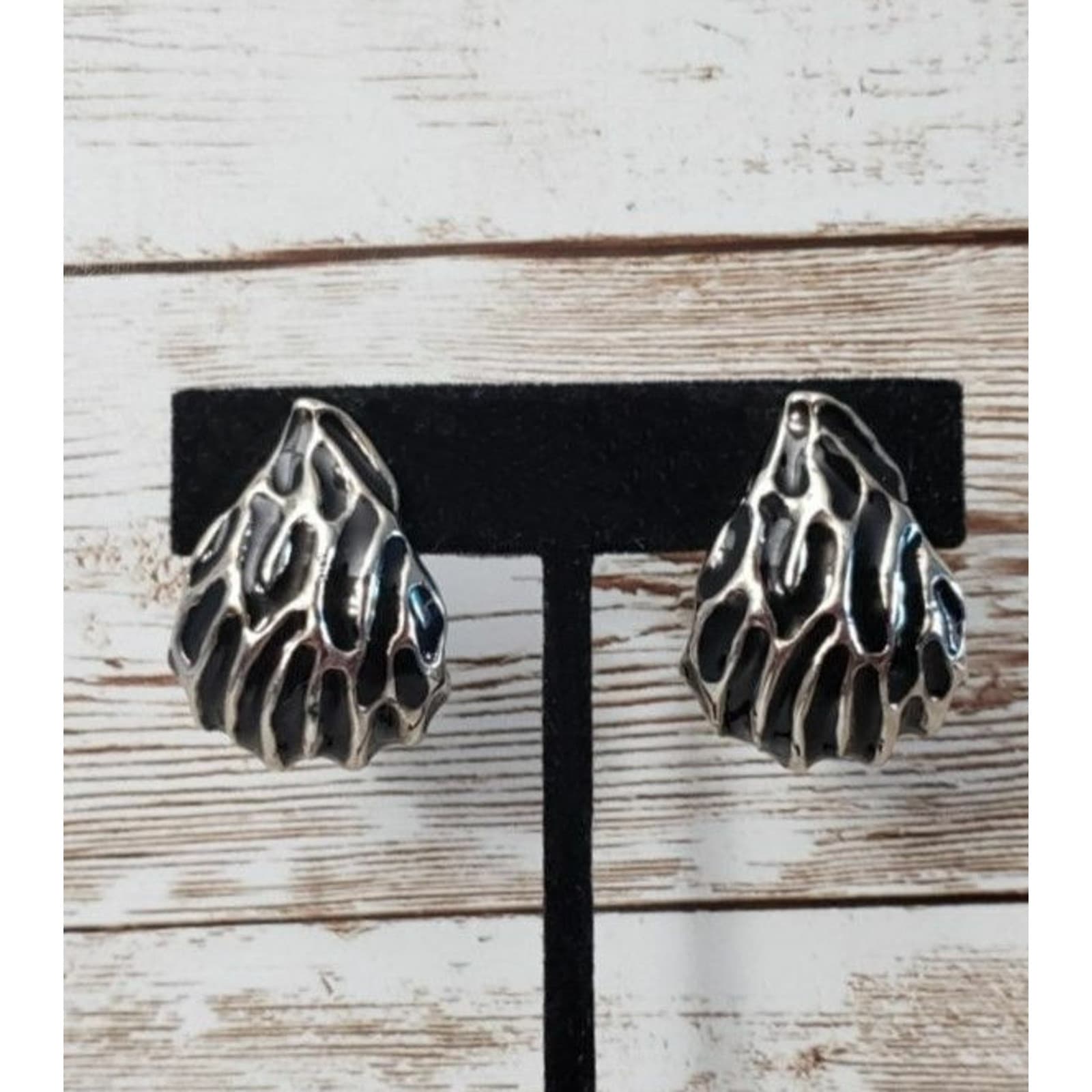 Vintage Clip On Earrings Teardrop Shape Black & Silver Tone Statement Earrings