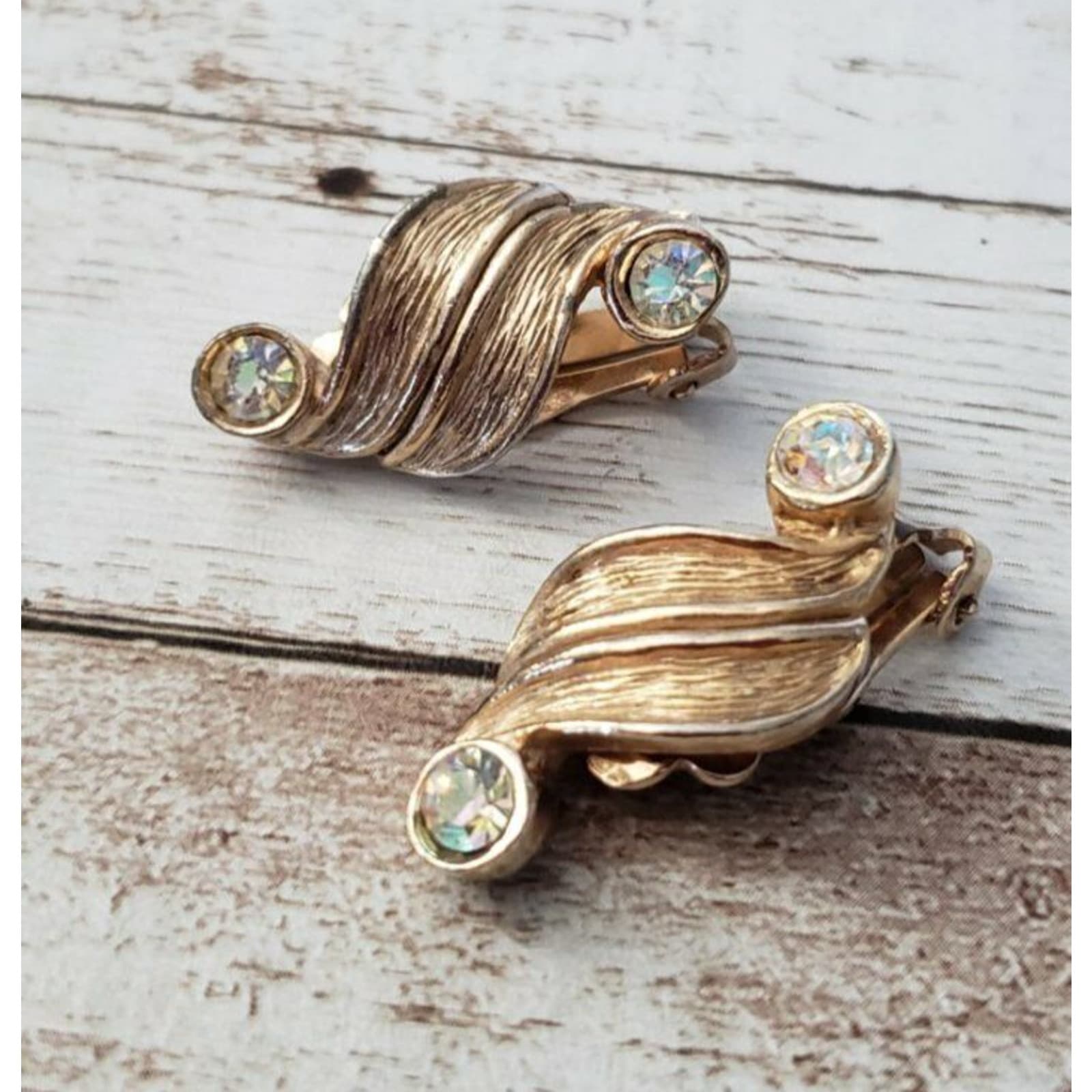 Vintage Clip On Earrings - Gold Tone and Aurora Borealis