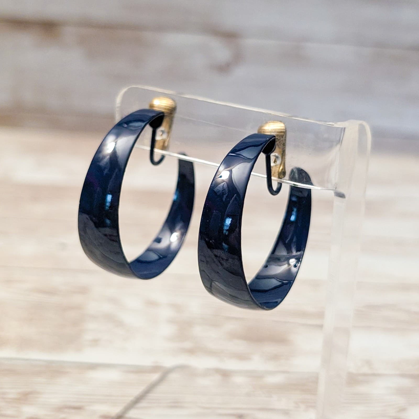 Vintage Clip On Earrings - 1.5" Dark Blue Large Hoops