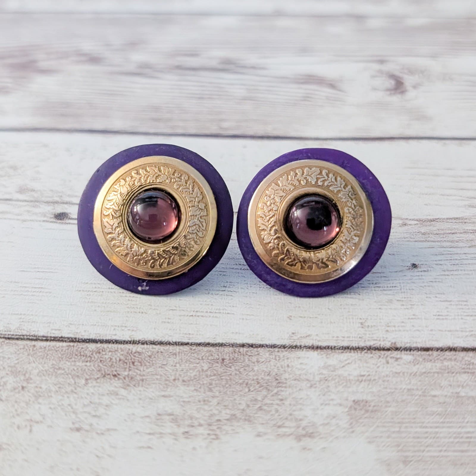 Vintage Stud Earrings Purple & Gold Tone Large Statement
