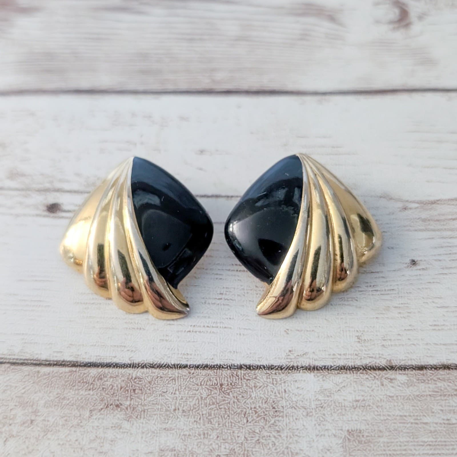 Vintage Stud Earrings Large Statement Retro Black & Gold Tone