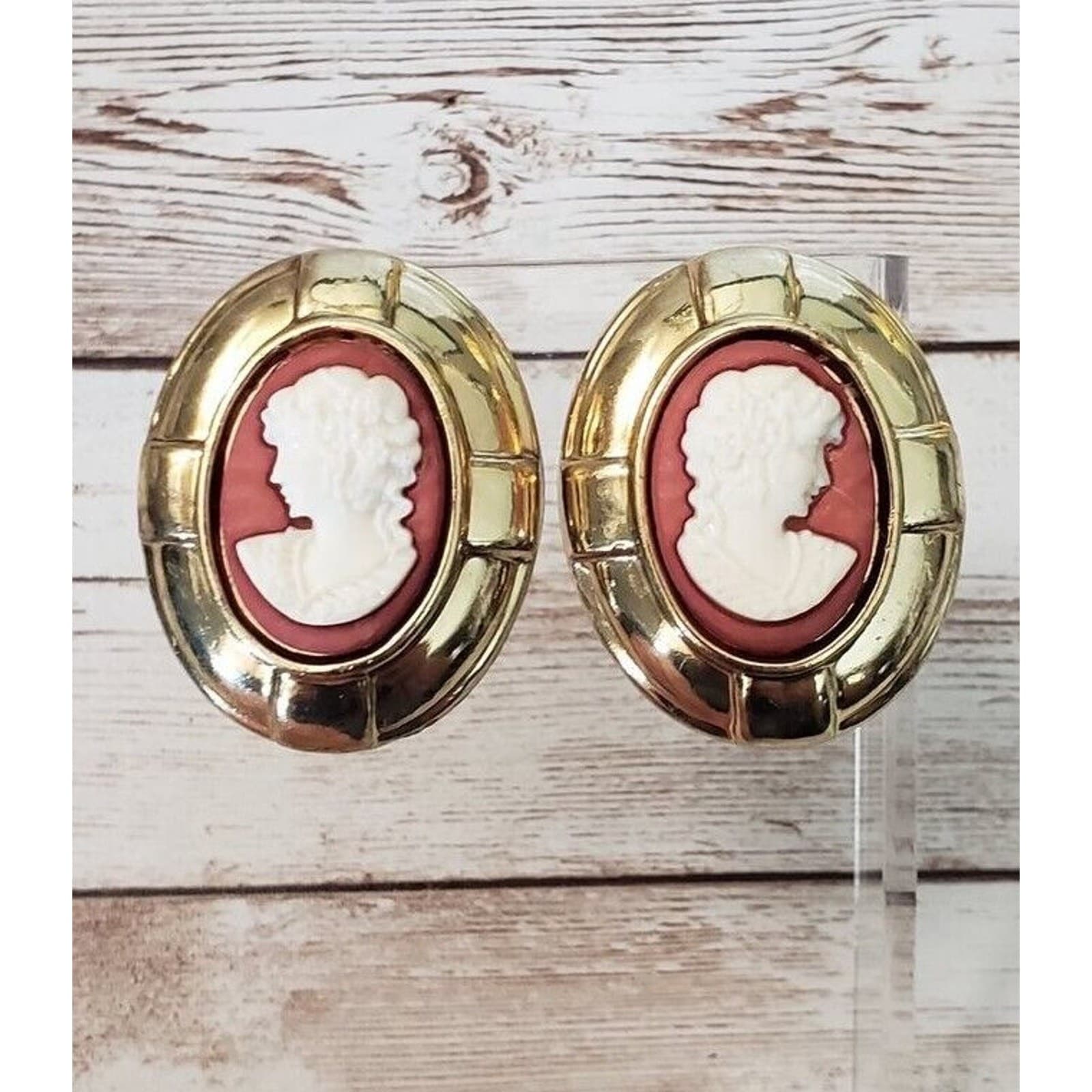 Vintage Clip On Earrings Extra Large Cameo Style Gold Tone with Red & Cream