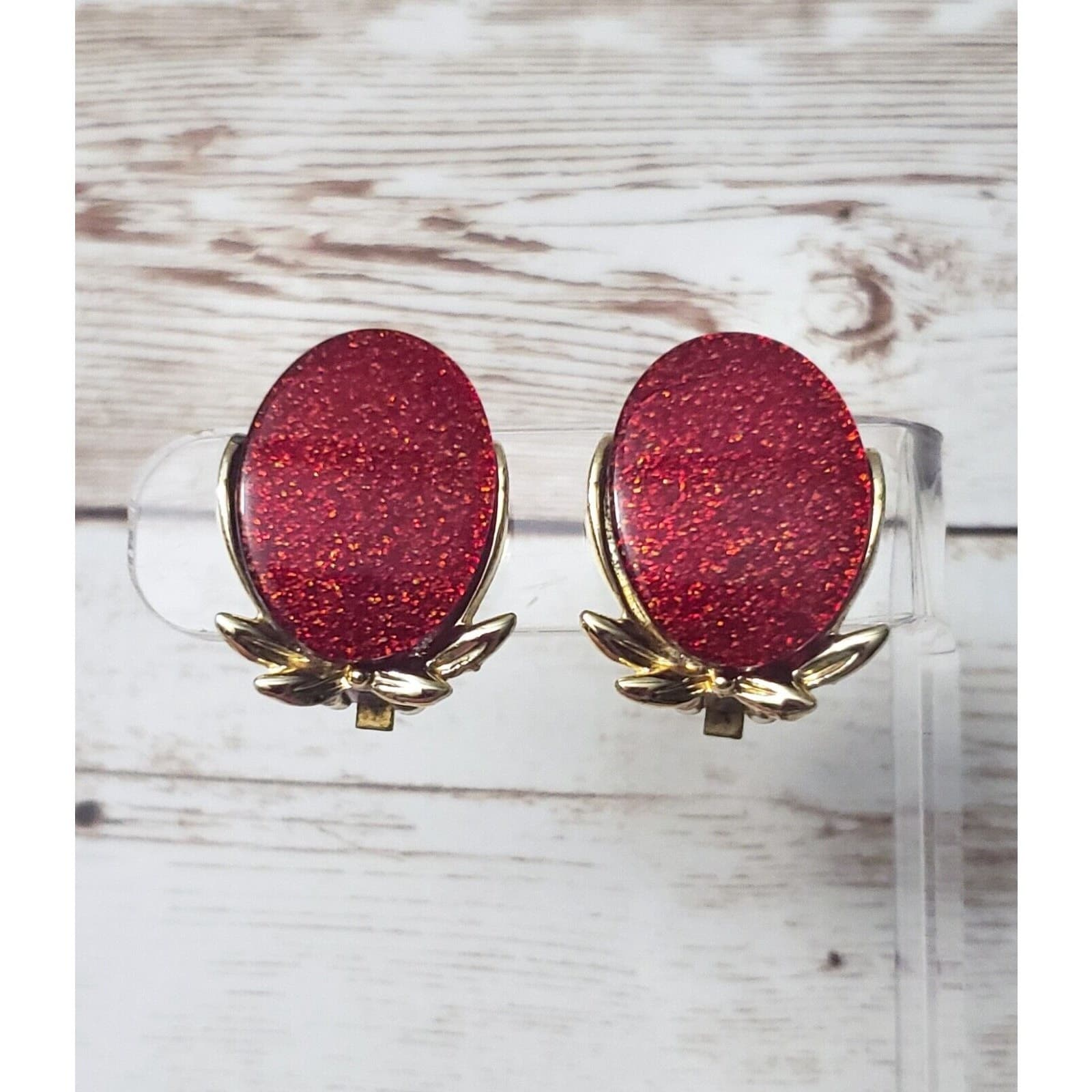 Vintage Clip On Earrings - Glitter Red & Gold Tone Slightly Over 1"