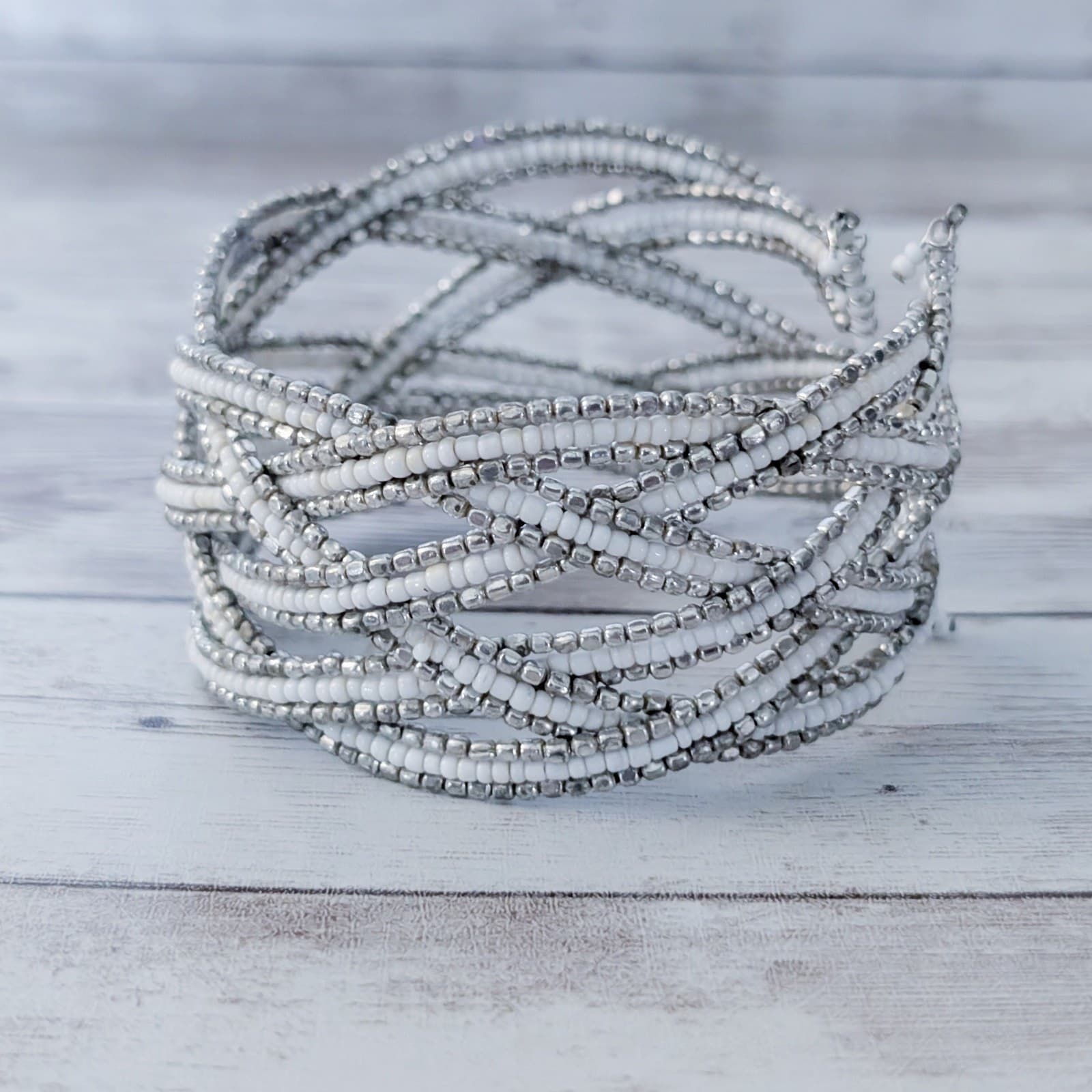 Vintage Cuff Bracelet Silver Tone & White Chunky Statement