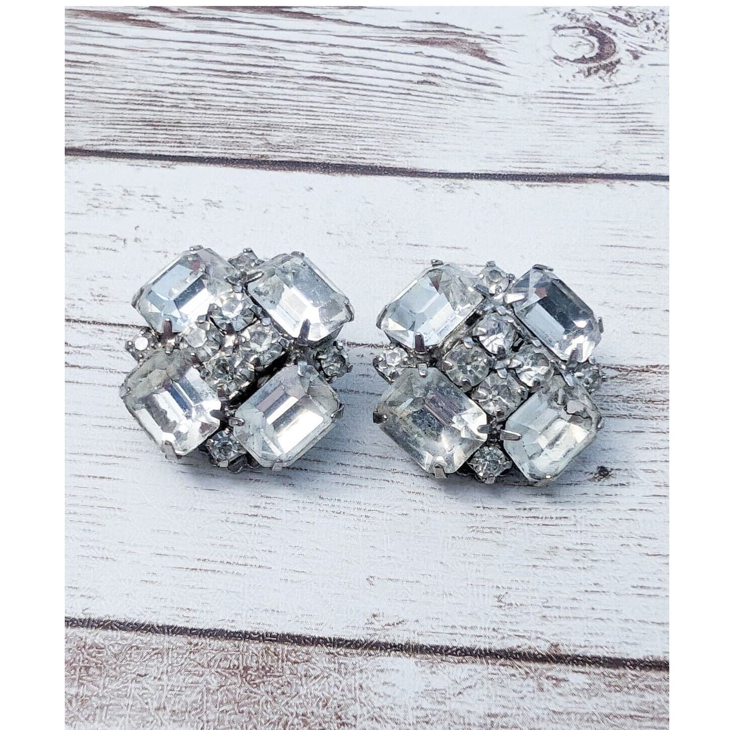 Vintage Clip On Earrings - Clear Gem Statement Glam - Just Under 1"