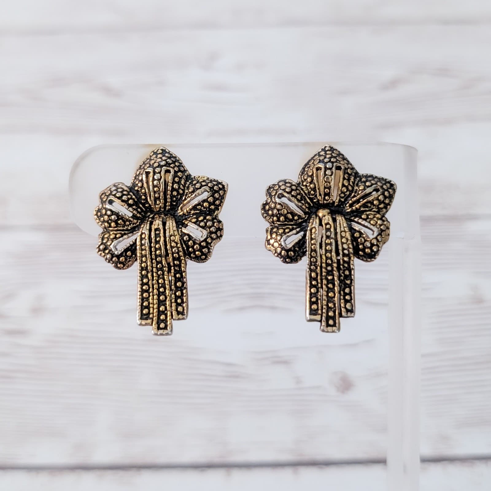 Vintage Clip On Earrings Beautiful Ornate Bow - Elegant - 1 & 1/8"