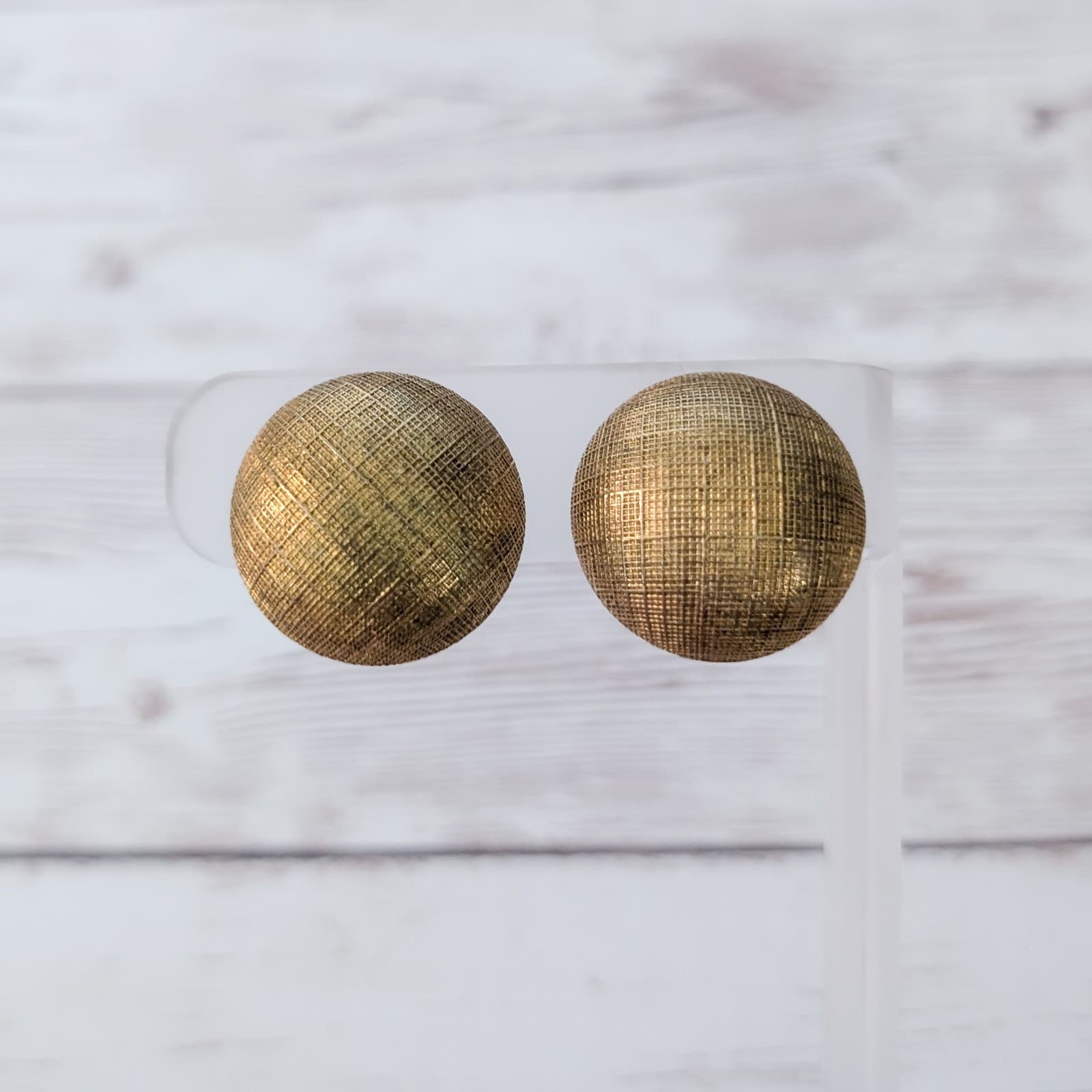 Vintage Clip On Earrings - Stylish 7/8" Patterned Gold Tone Button Style