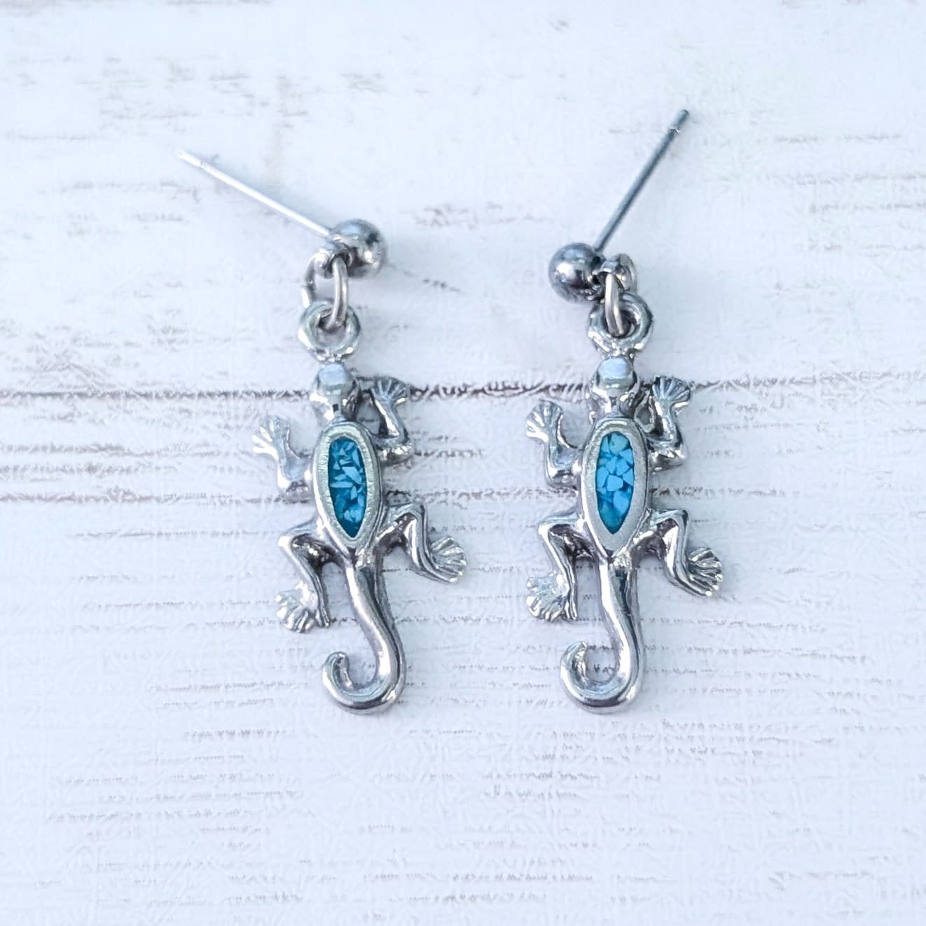 Vintage Stud Earrings - Silver Tone with Turquoise Tone Lizard Gecko?