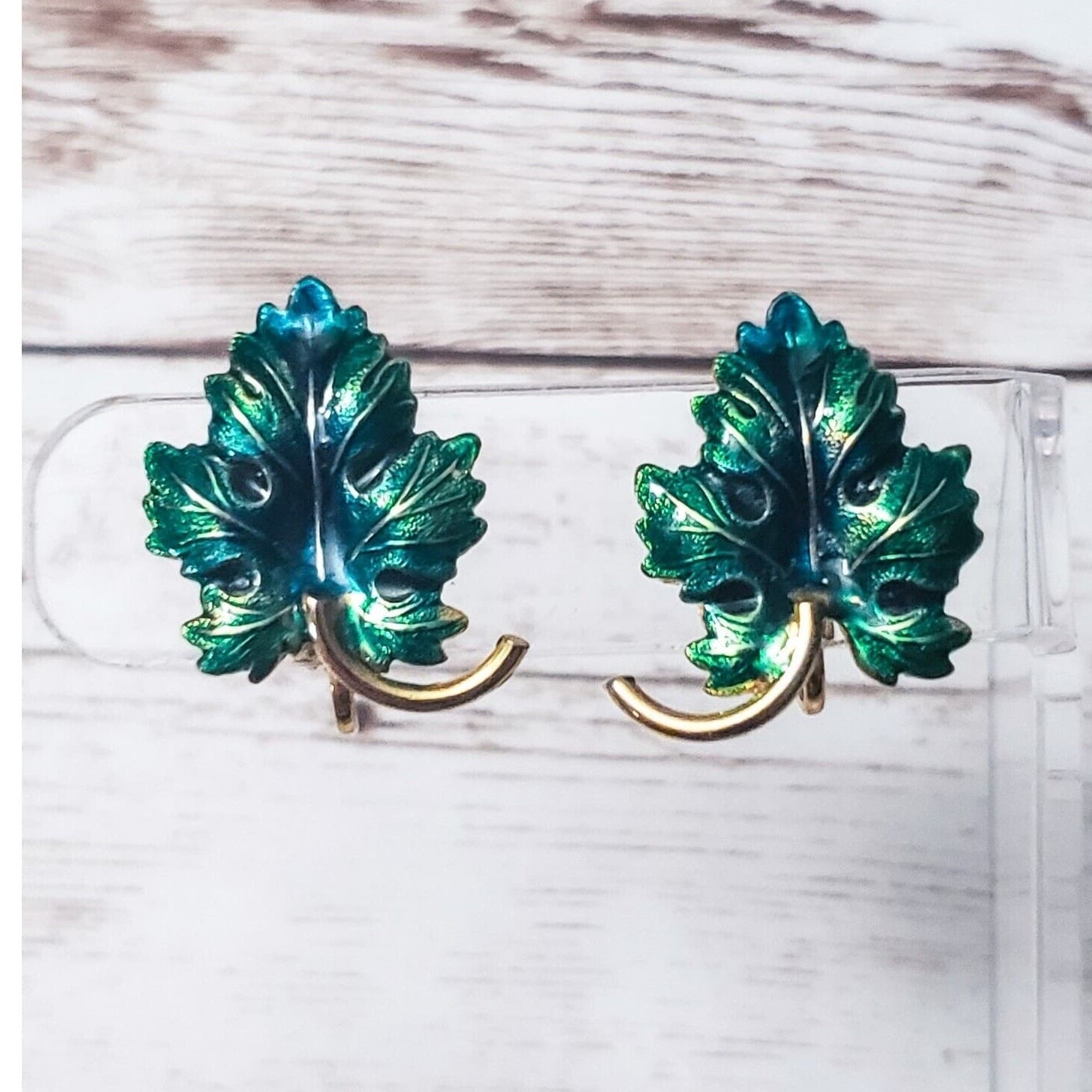 Vintage Clip On Earrings - Stunning Large Green Leaf 1" Whimsical