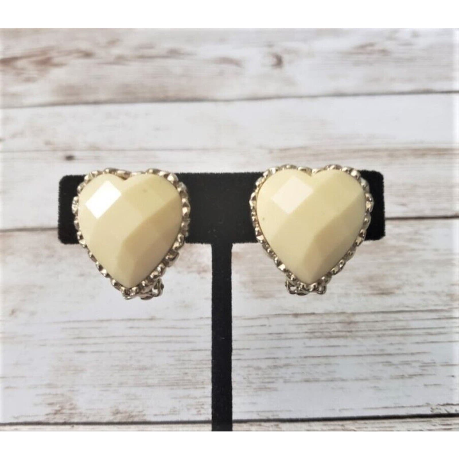 Vintage Clip On Earrings - Large Faceted Cream Heart with Halo