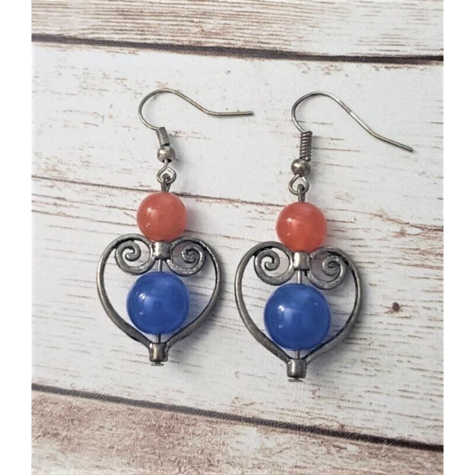 Vintage Earrings For Pierced Ears - Silver Tone Heart with Red & Blue Beads