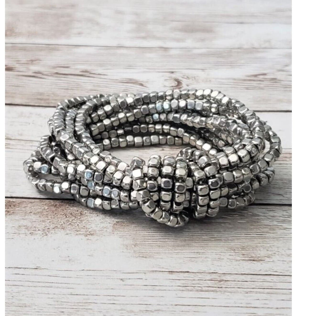 Vintage Bracelet / Bangle Stretchy Silver Tone Beads with Knot Design