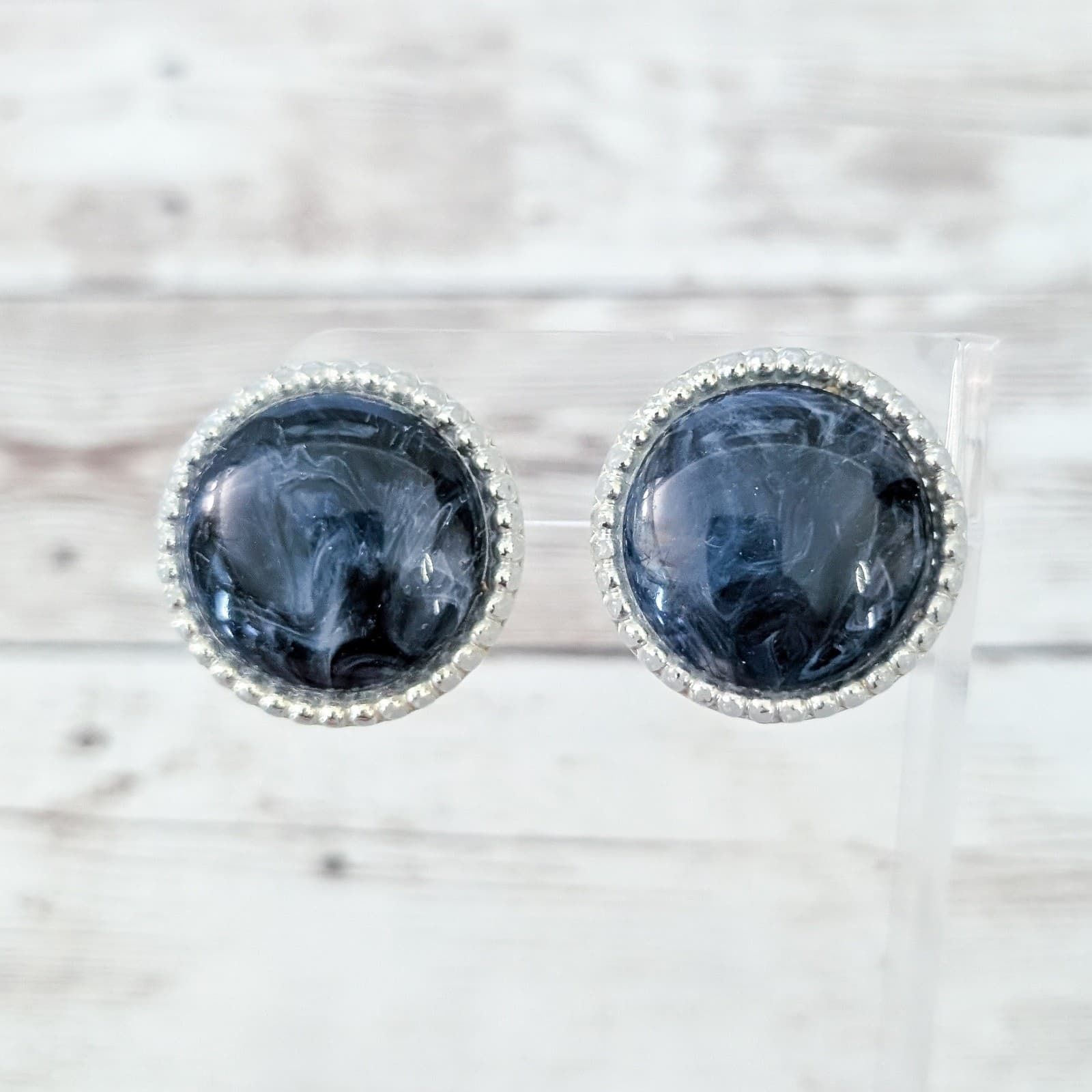 Vintage Clip On Earrings Large Dark Swirly Blue