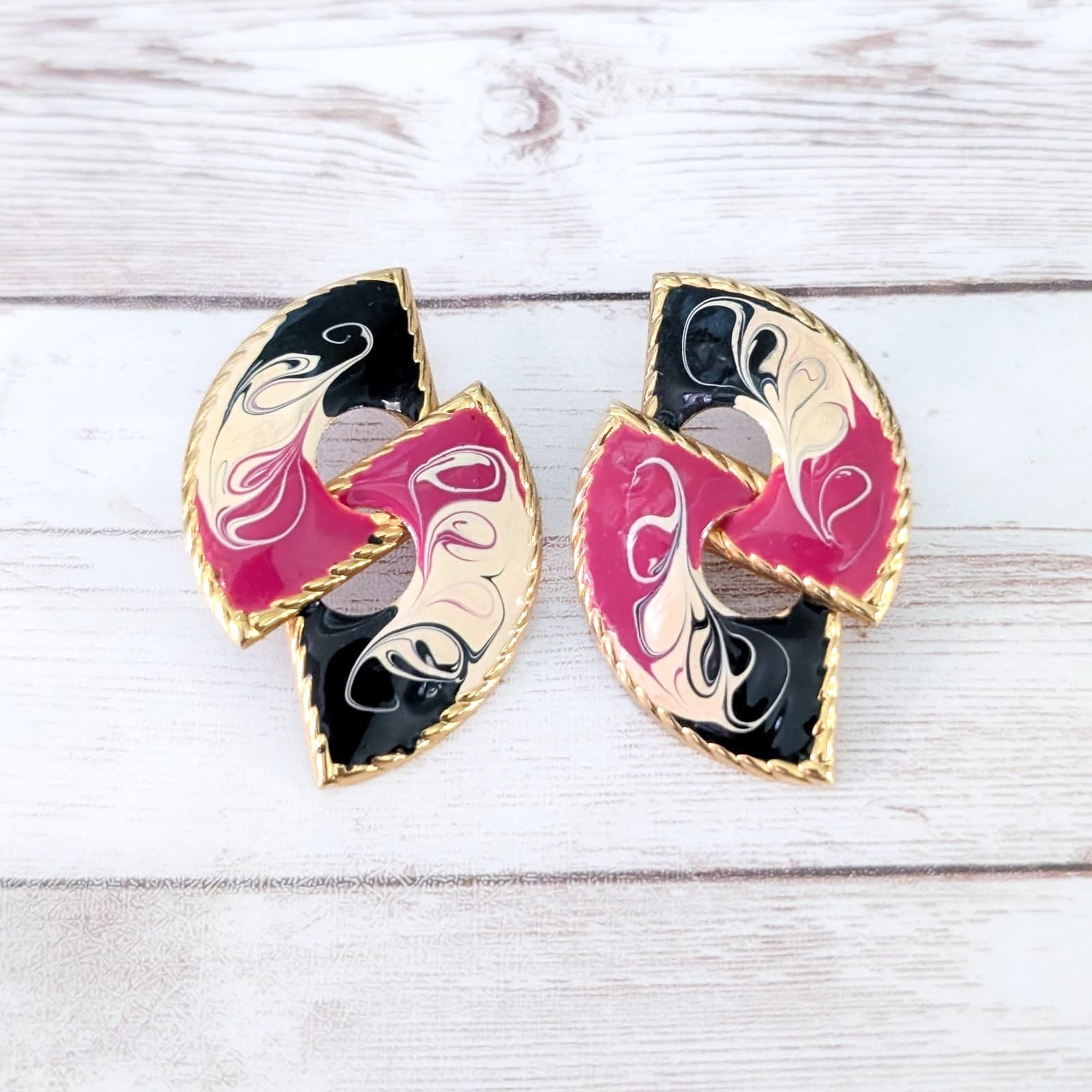 Vintage Stud Earrings - Very Large 2" Statement Cream, Red, Black, Gold Tone