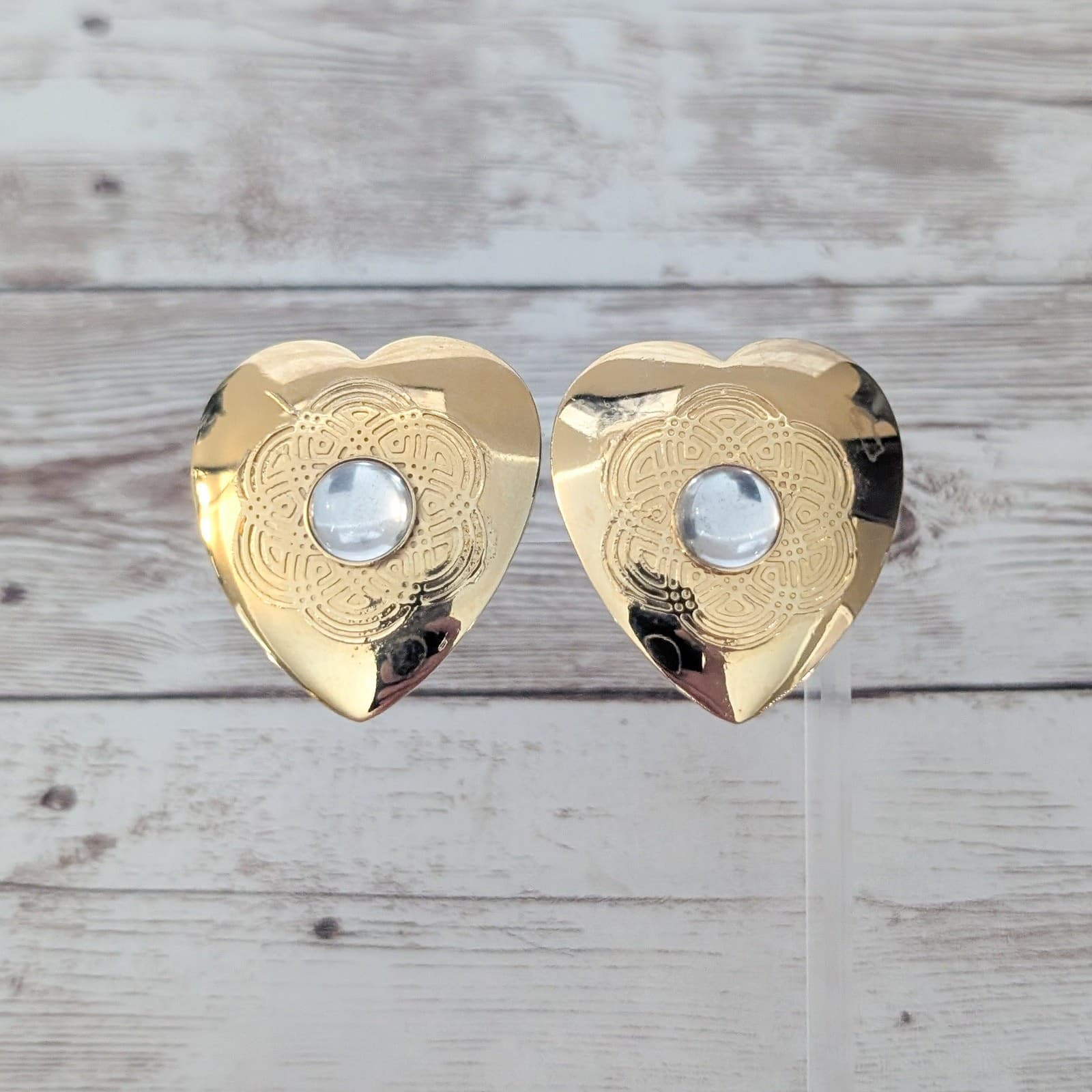 Vintage Clip On Earrings Large Gold Tone Heart with Design & Clear Gem Statement