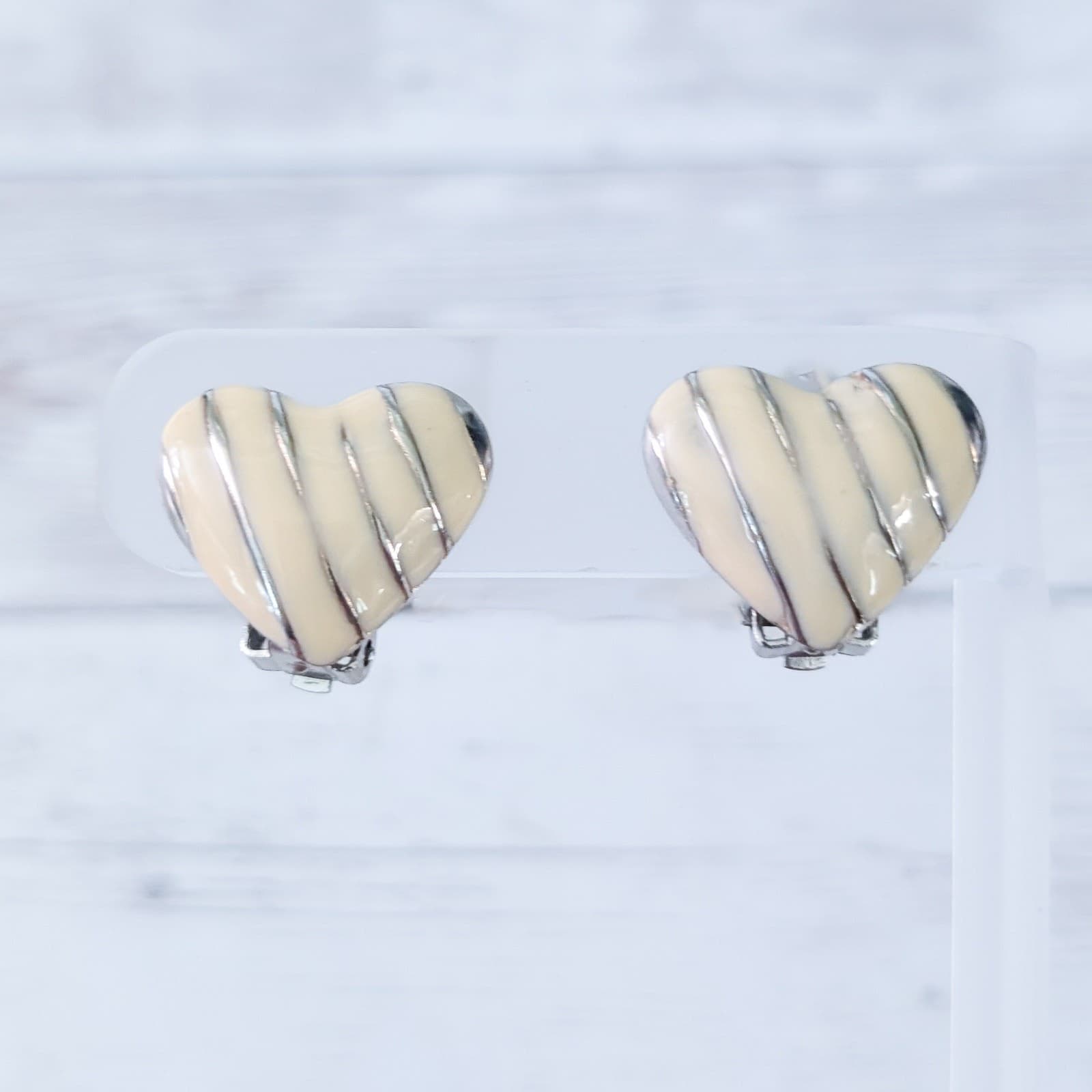 Vintage Clip On Earrings Cream Enamel & Silver Tone Heart 0.75"