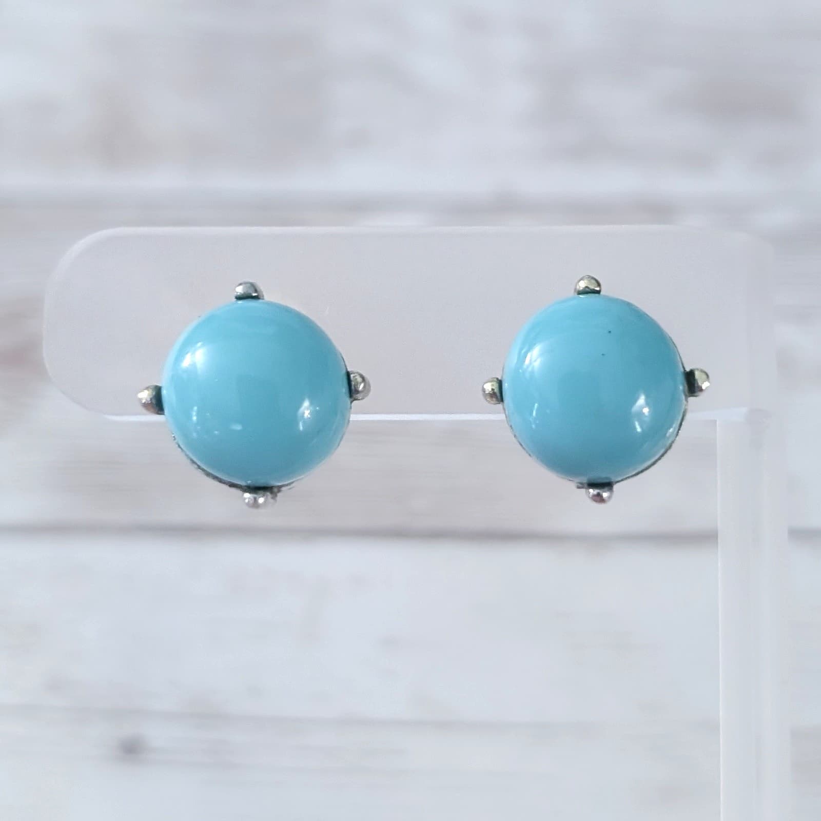 Vintage Clip On Earrings - Turquoise Tone Circle Retro Statement