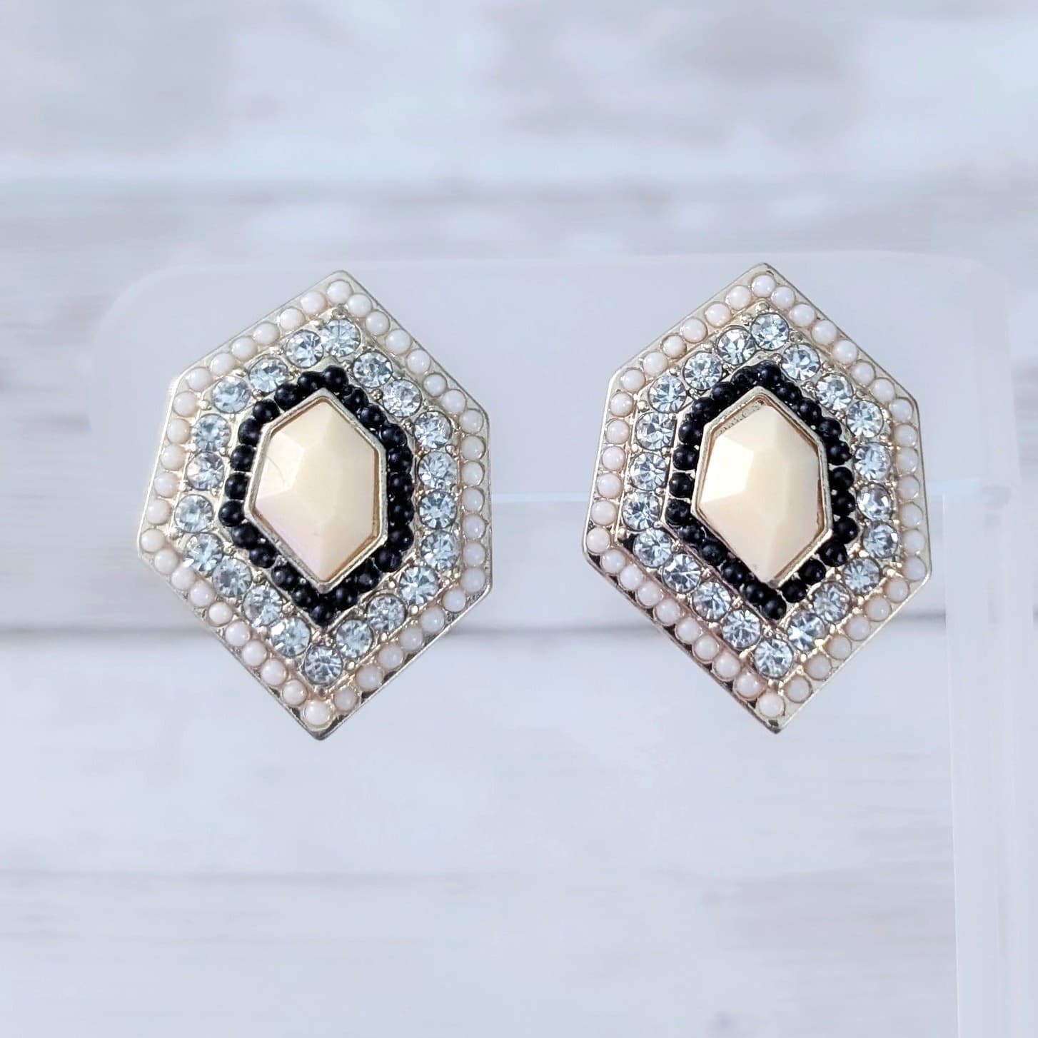 Vintage Clip On Earrings Stunning Statement Cream, Black, Clear Gem Large