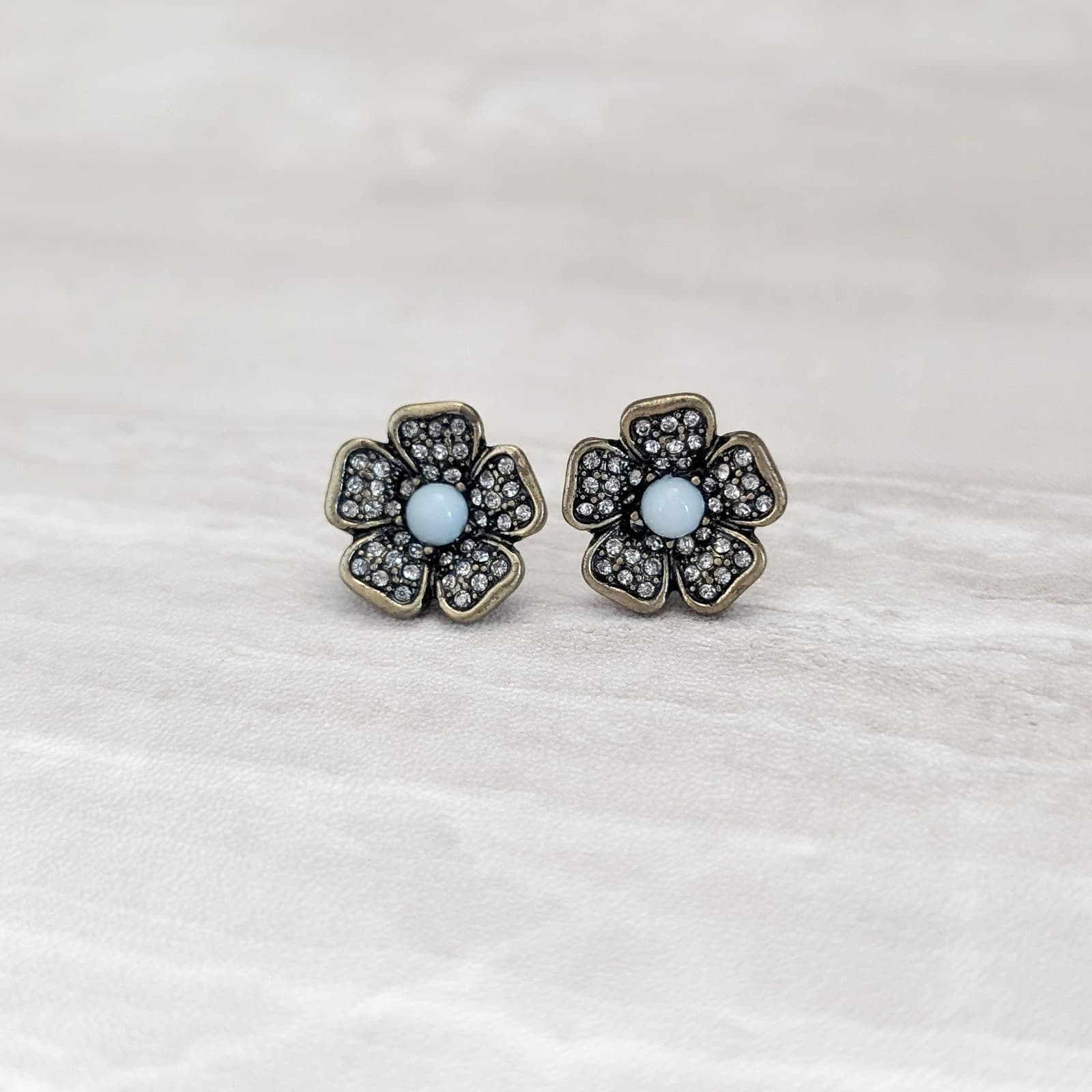 Vintage Stud Earrings Whimsical Flower with Clear Gems & Blue Center
