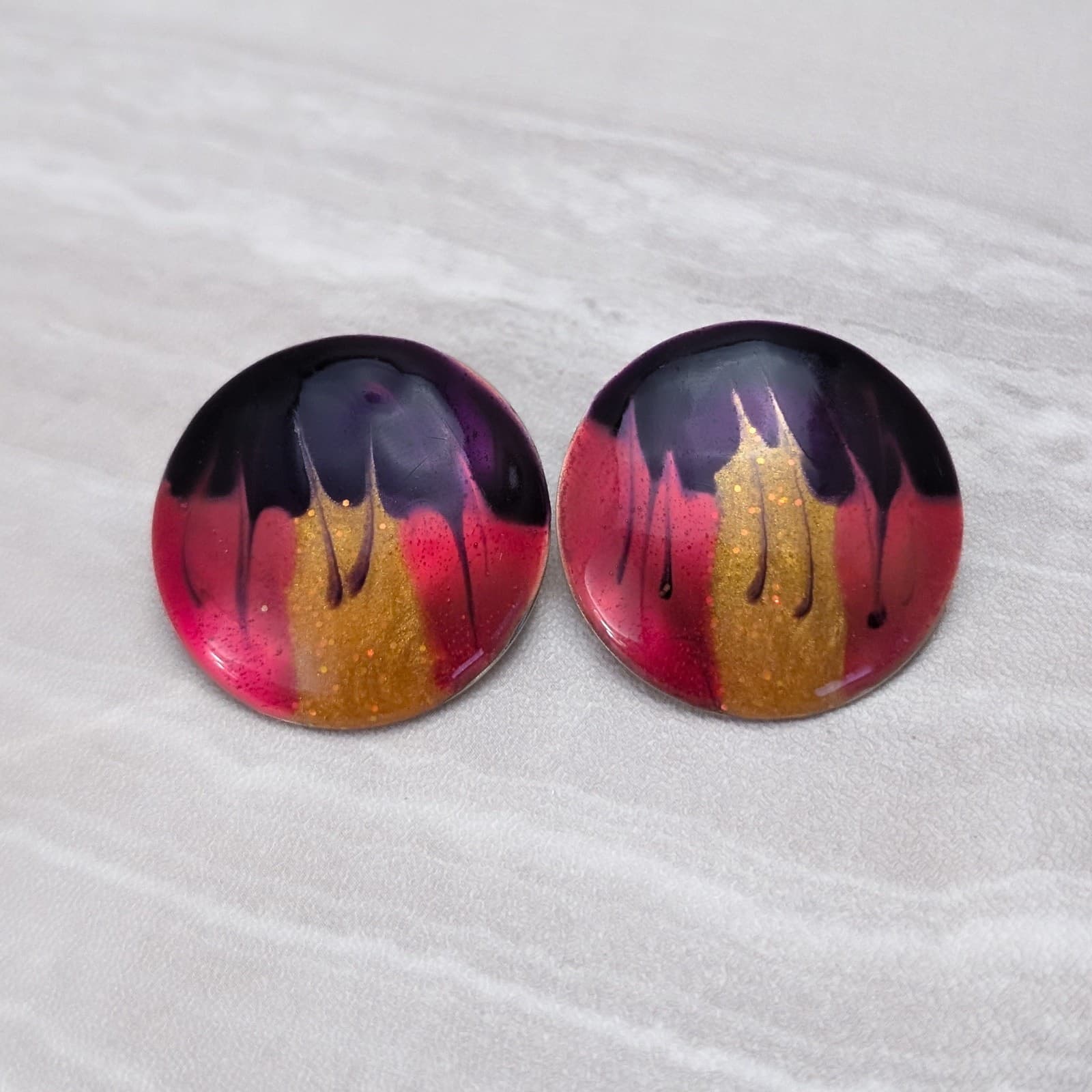 Vintage Stud Earrings 1.25" Red, Violet, Golden Tones Large Statement Circle