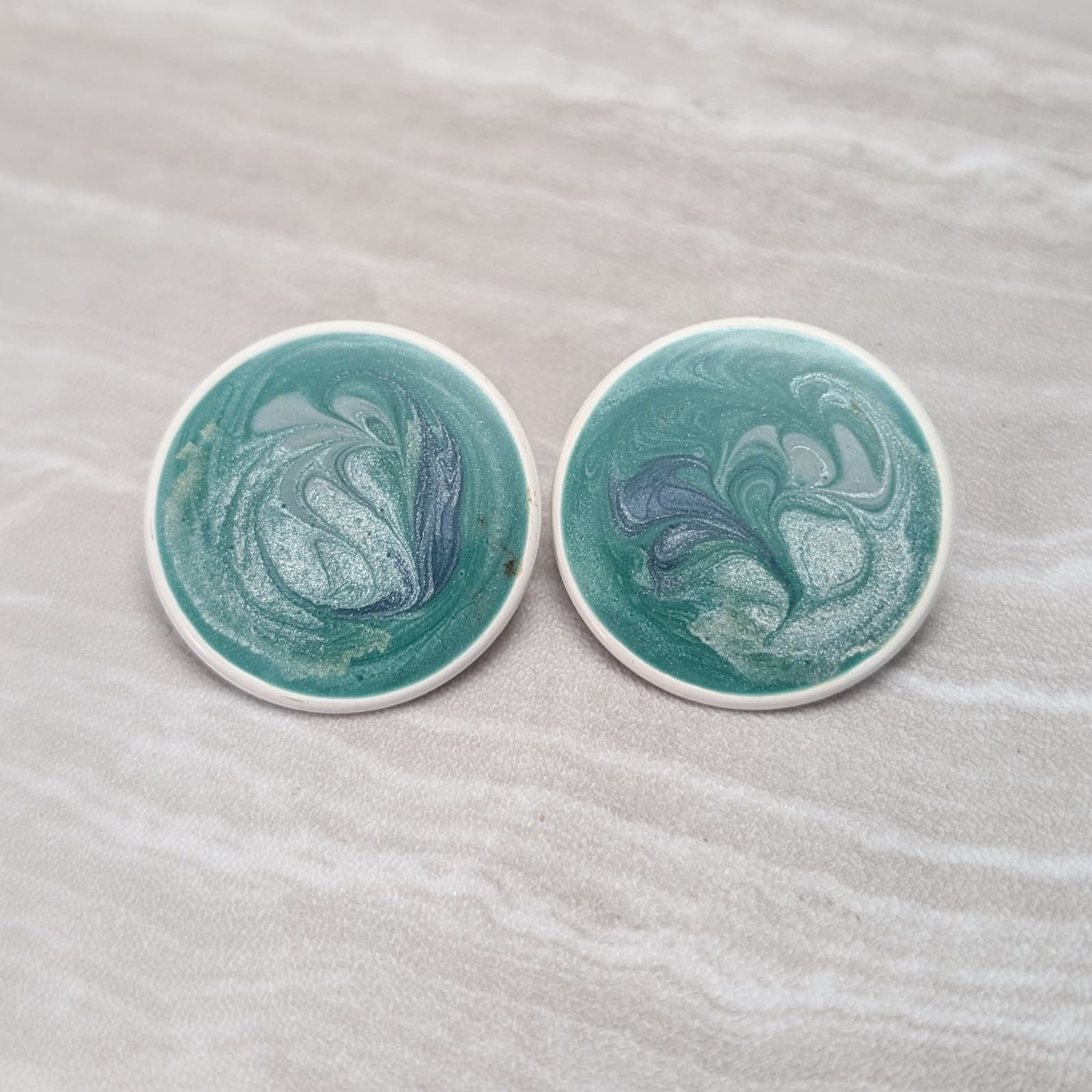 Vintage Stud Earrings Large Circle White, Blue, Green, Teal Tones Statement