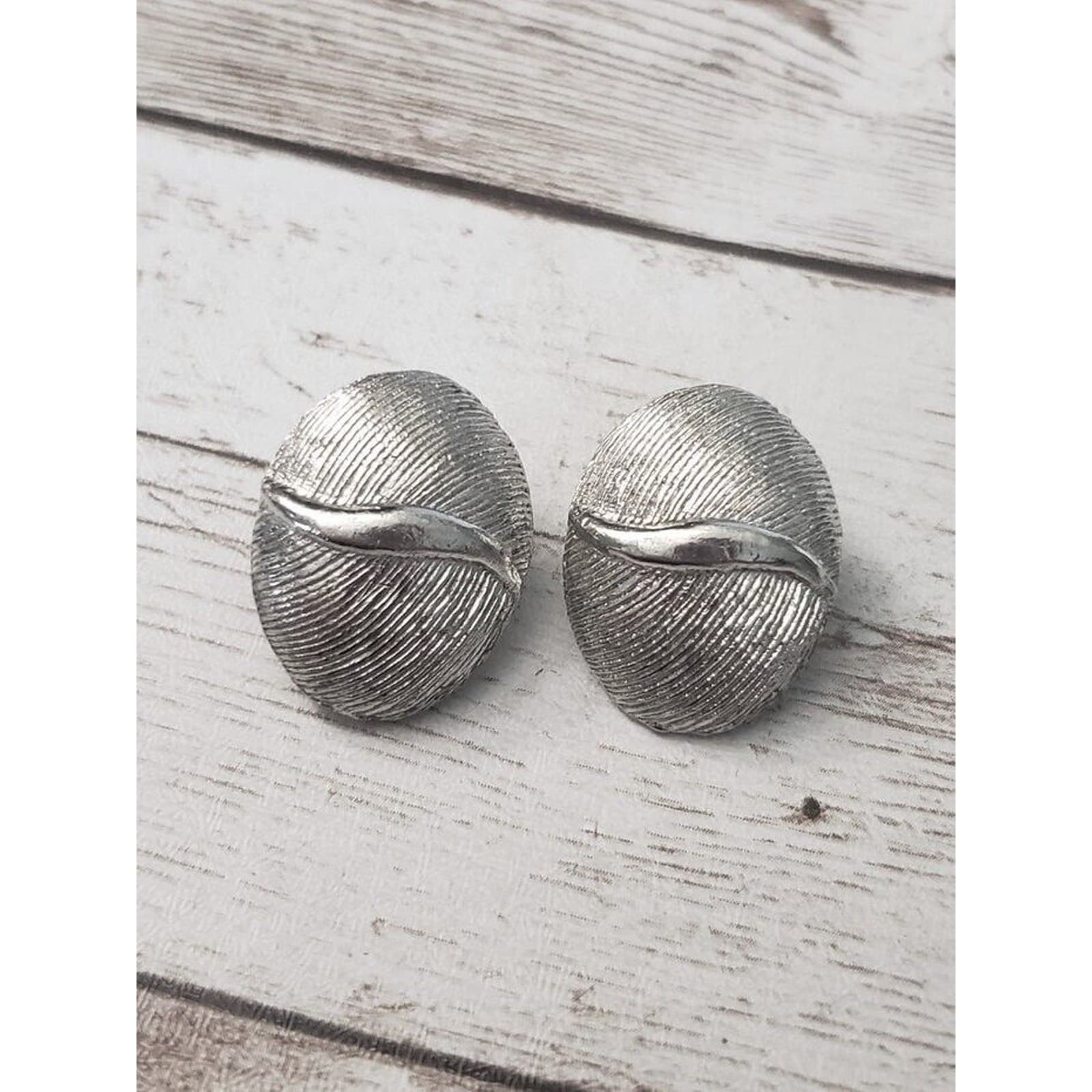 Vintage Clip On Earrings - Silver Tone Oval Statement