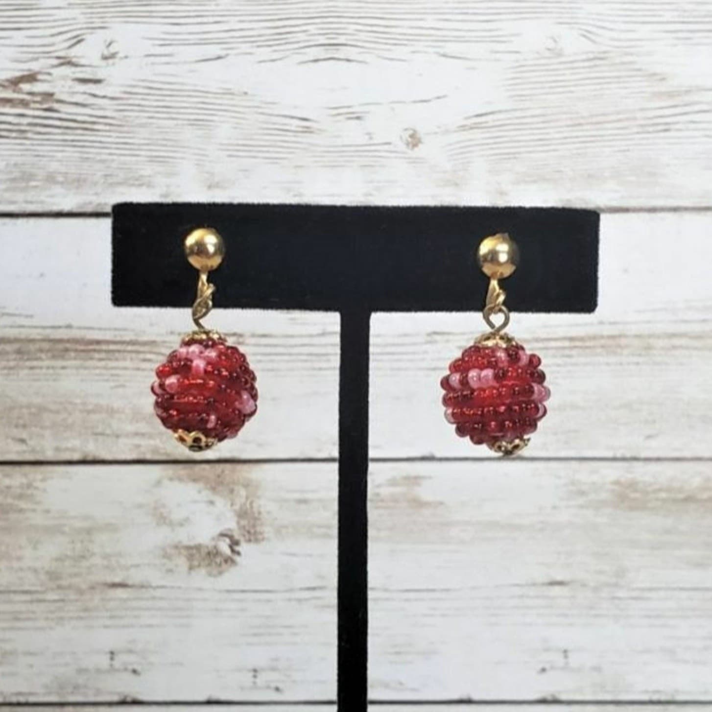 Vintage Clip On Earrings - Red Beaded Ball Dangle Earrings