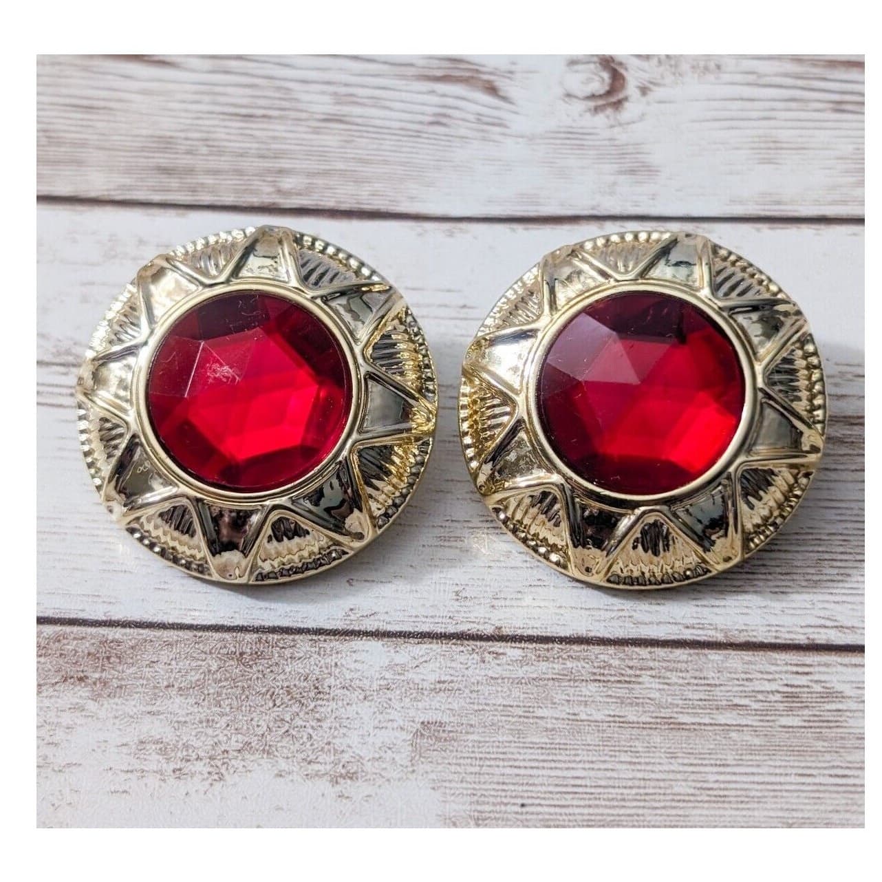 Vintage Clip On Earrings - Statement Red Gem with Fancy Gold Tone Halo 1 & 5/8"
