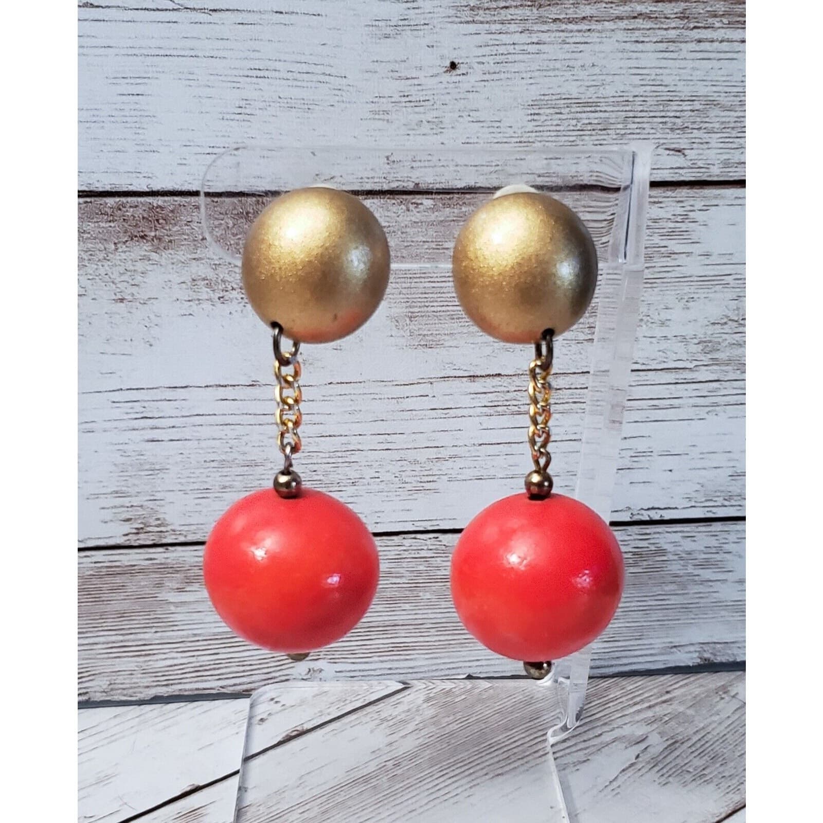 Vintage Clip On Earrings - Orangey Red & Gold Tone Statement Dangle